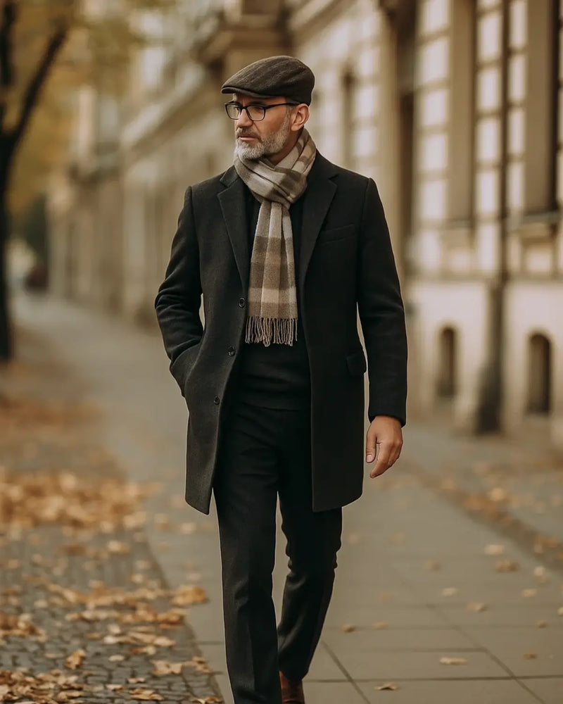 Homem maduro caminhando com boina masculina inglesa marrom, sobretudo e cachecol xadrez em rua arborizada no outono.