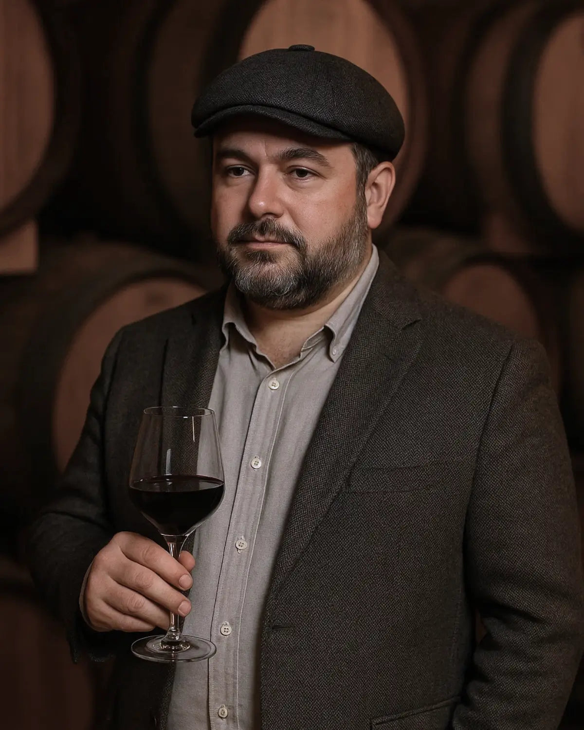  Homem maduro usando Boina Masculina Italiana Linho Black segurando taça de vinho em vinícola, look clássico e sofisticado.