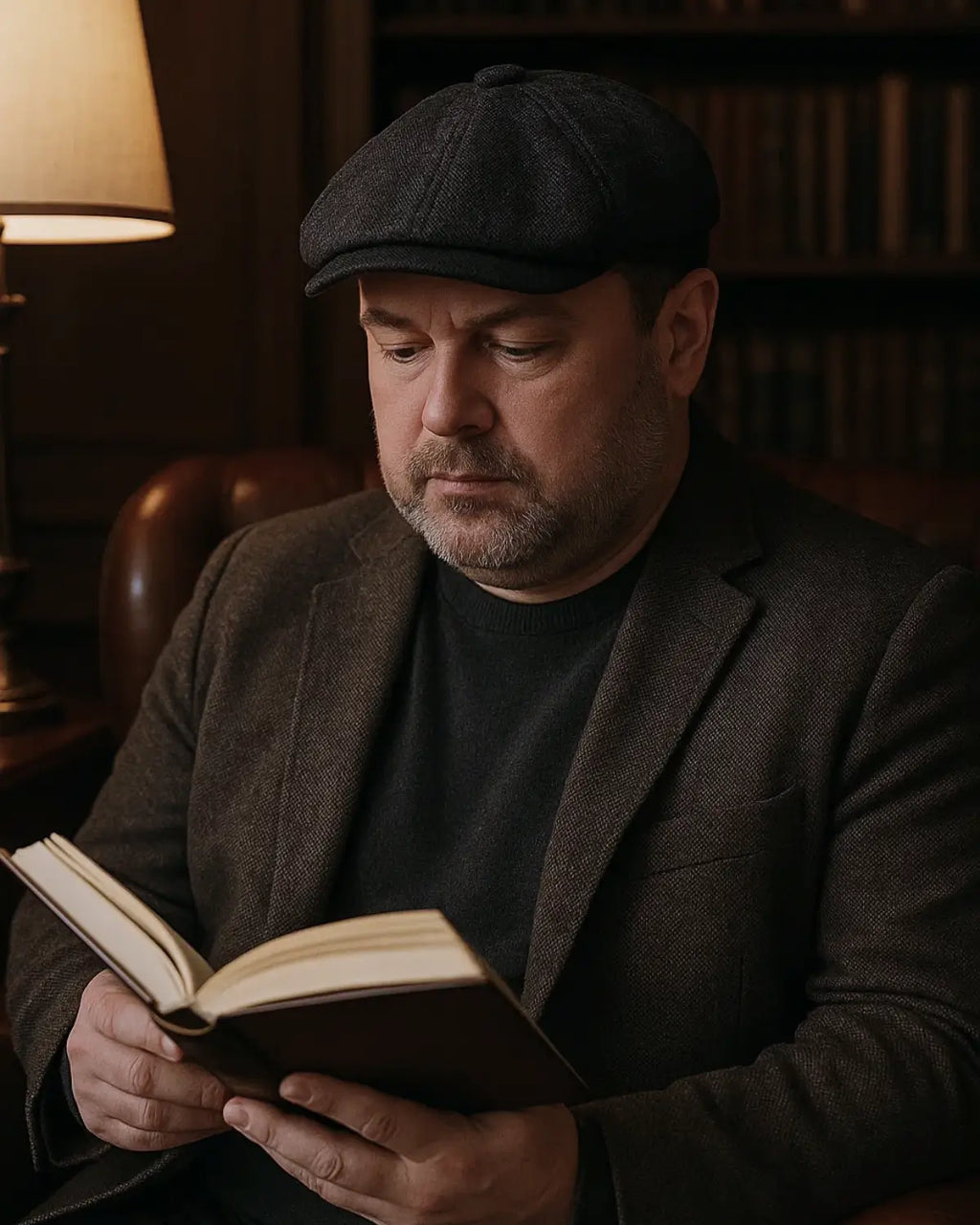 Homem de meia-idade usando Boina Masculina Italiana Linho Black lendo livro em biblioteca clássica, atmosfera elegante.