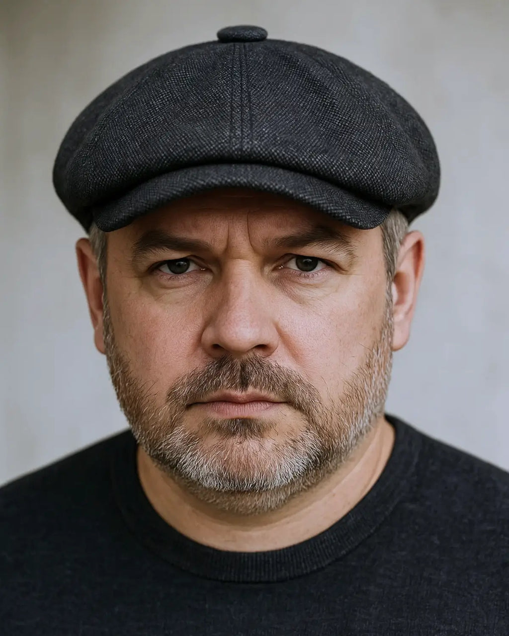 Close-up do rosto de homem maduro usando Boina Masculina Italiana Linho Black, expressão séria, fundo neutro.