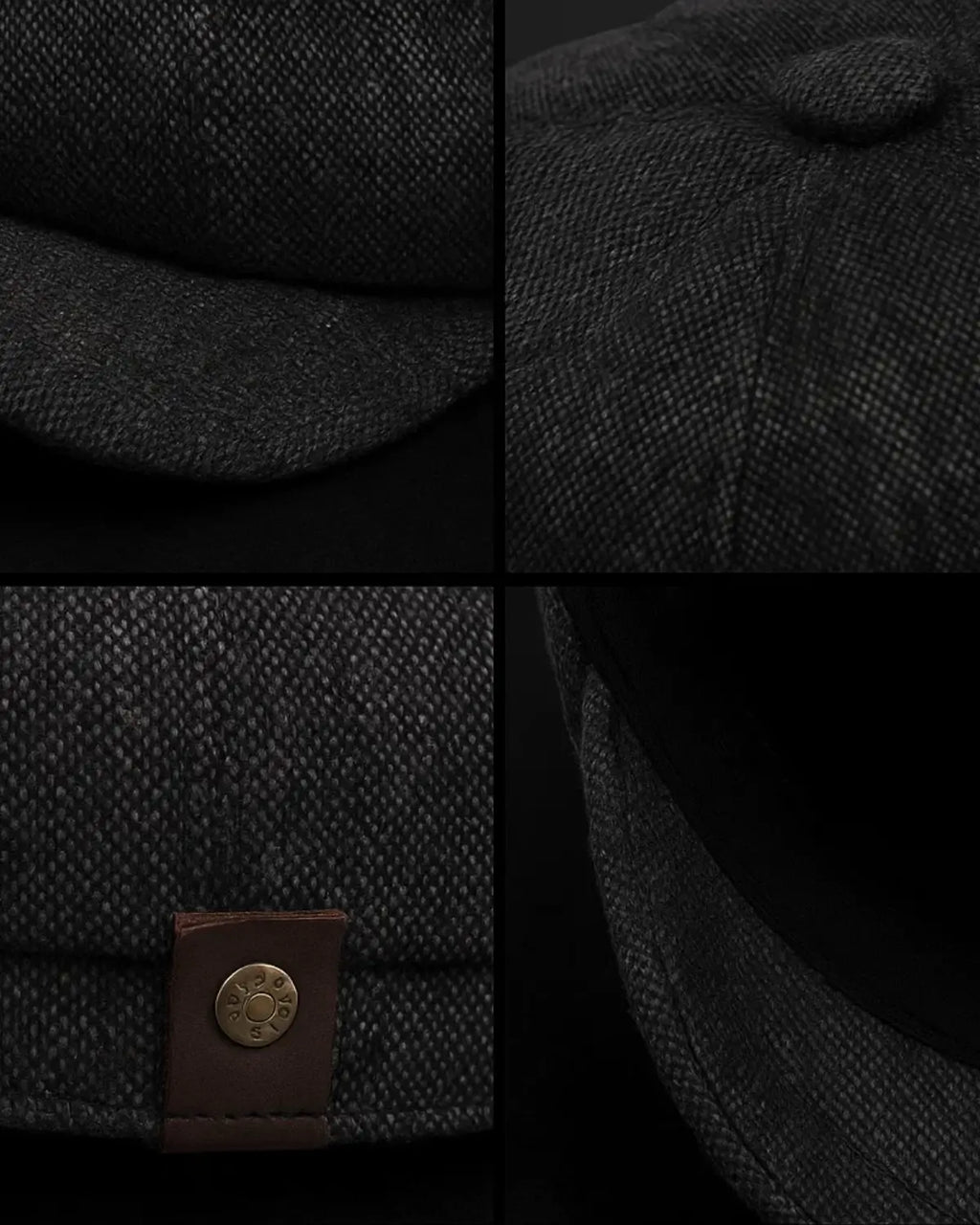 Detalhes de costura e acabamento da Boina Masculina Italiana Linho Black, incluindo aba, botão superior e etiqueta lateral.