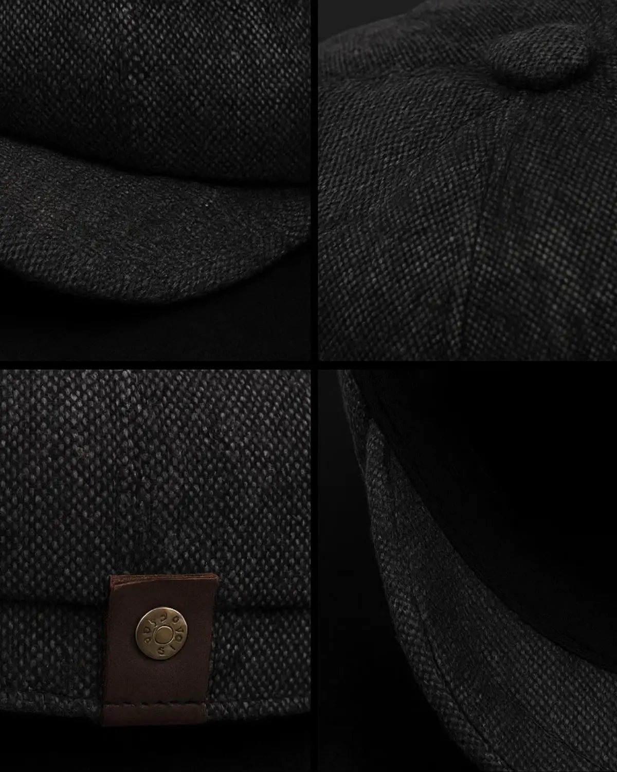 Detalhes de costura e acabamento da Boina Masculina Italiana Linho Black, incluindo aba, botão superior e etiqueta lateral.