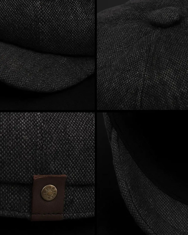 Detalhes de costura e acabamento da Boina Masculina Italiana Linho Black, incluindo aba, botão superior e etiqueta lateral.