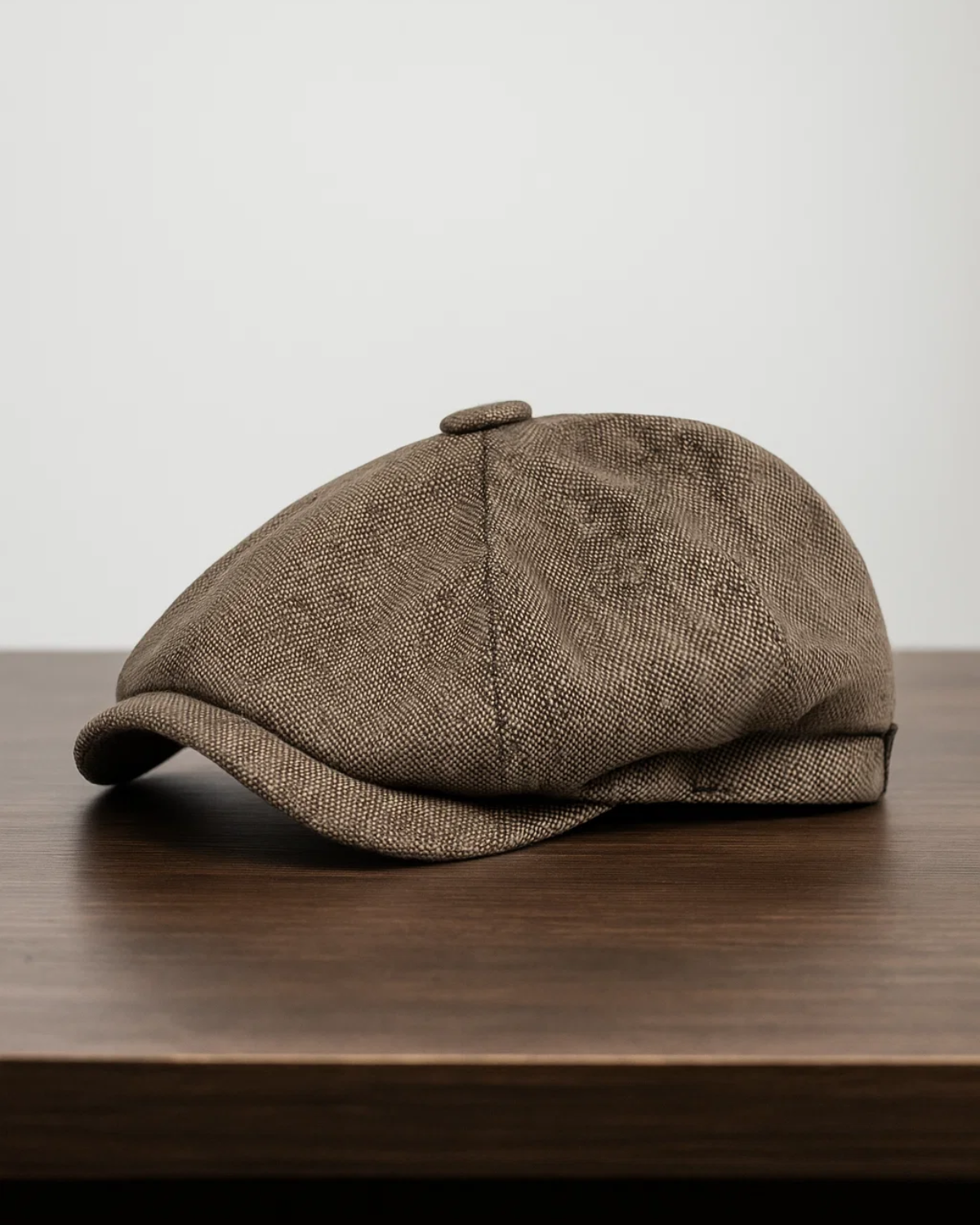 Boina Masculina Italiana Linho Brown posicionada sobre mesa de madeira escura, destacando textura do linho e aba estruturada.