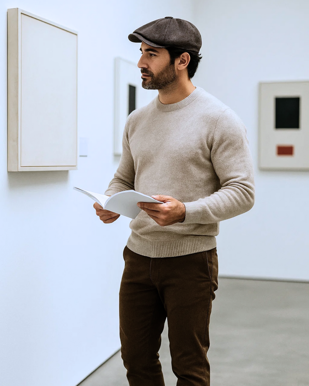 Homem de 42 anos usando Boina Masculina Italiana Linho Brown observando obra em galeria de arte, look casual elegante e sofisticado.

