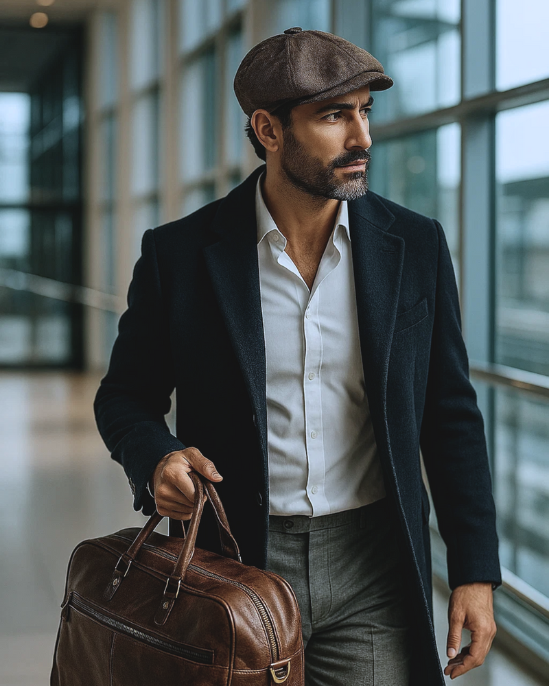 Homem elegante de 42 anos usando Boina Masculina Italiana Linho Brown caminhando em aeroporto internacional com mala de couro premium.