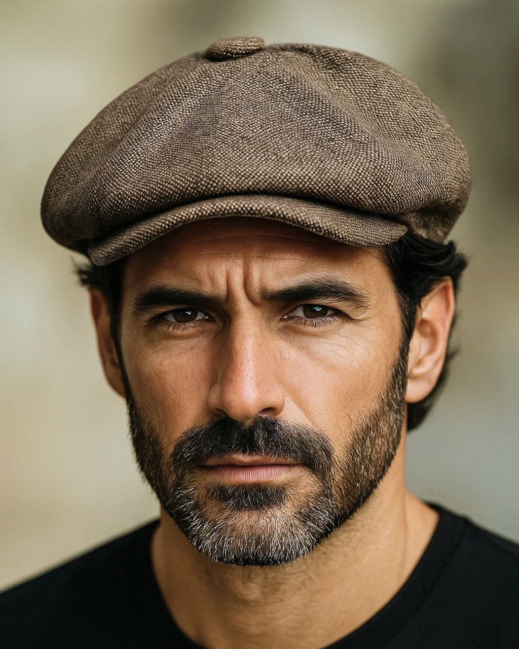 Close-up do rosto de homem maduro usando Boina Masculina Italiana Linho Brown, expressão confiante e fundo desfocado.