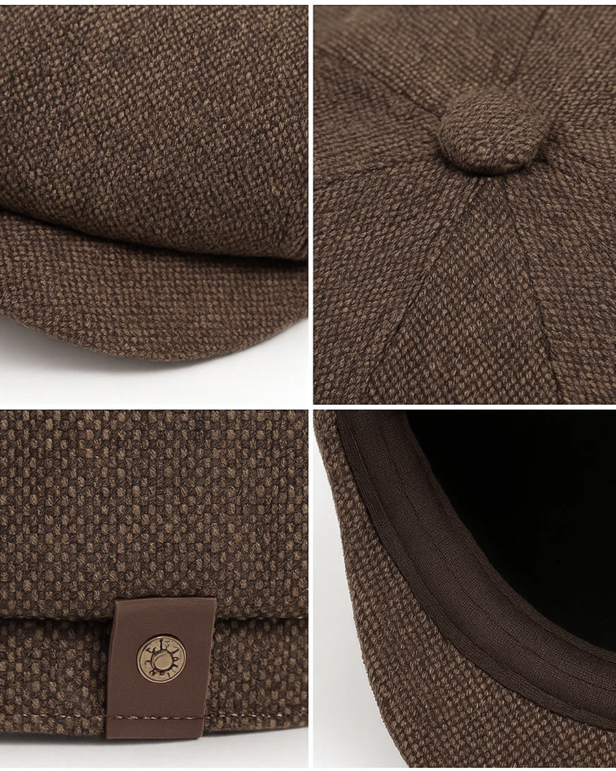 Detalhes da Boina Masculina Italiana Linho Brown, costura, botão superior e etiqueta lateral em destaque.