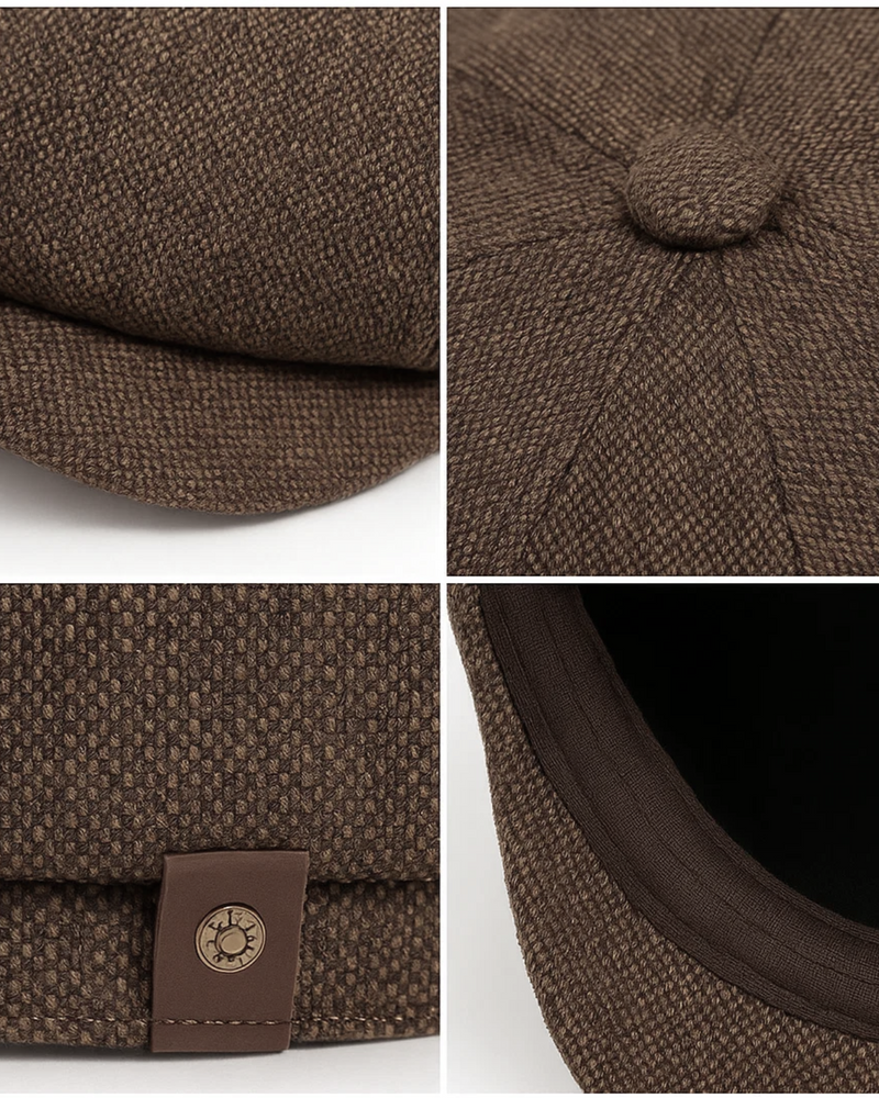 Detalhes da Boina Masculina Italiana Linho Brown, costura, botão superior e etiqueta lateral em destaque.