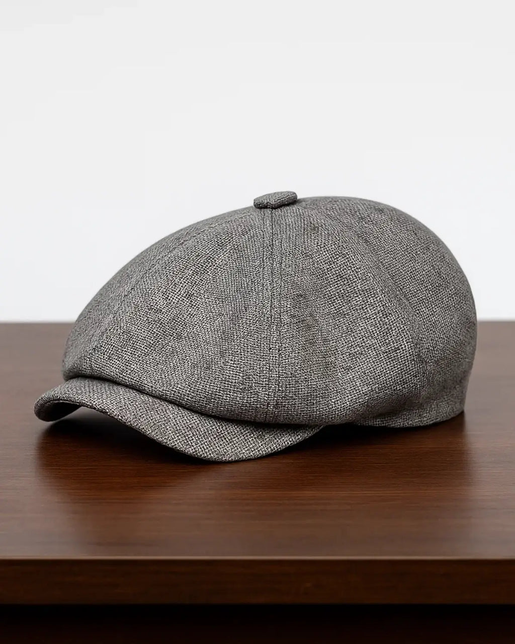Boina Masculina Italiana Linho Grey sobre mesa de madeira em cenário minimalista