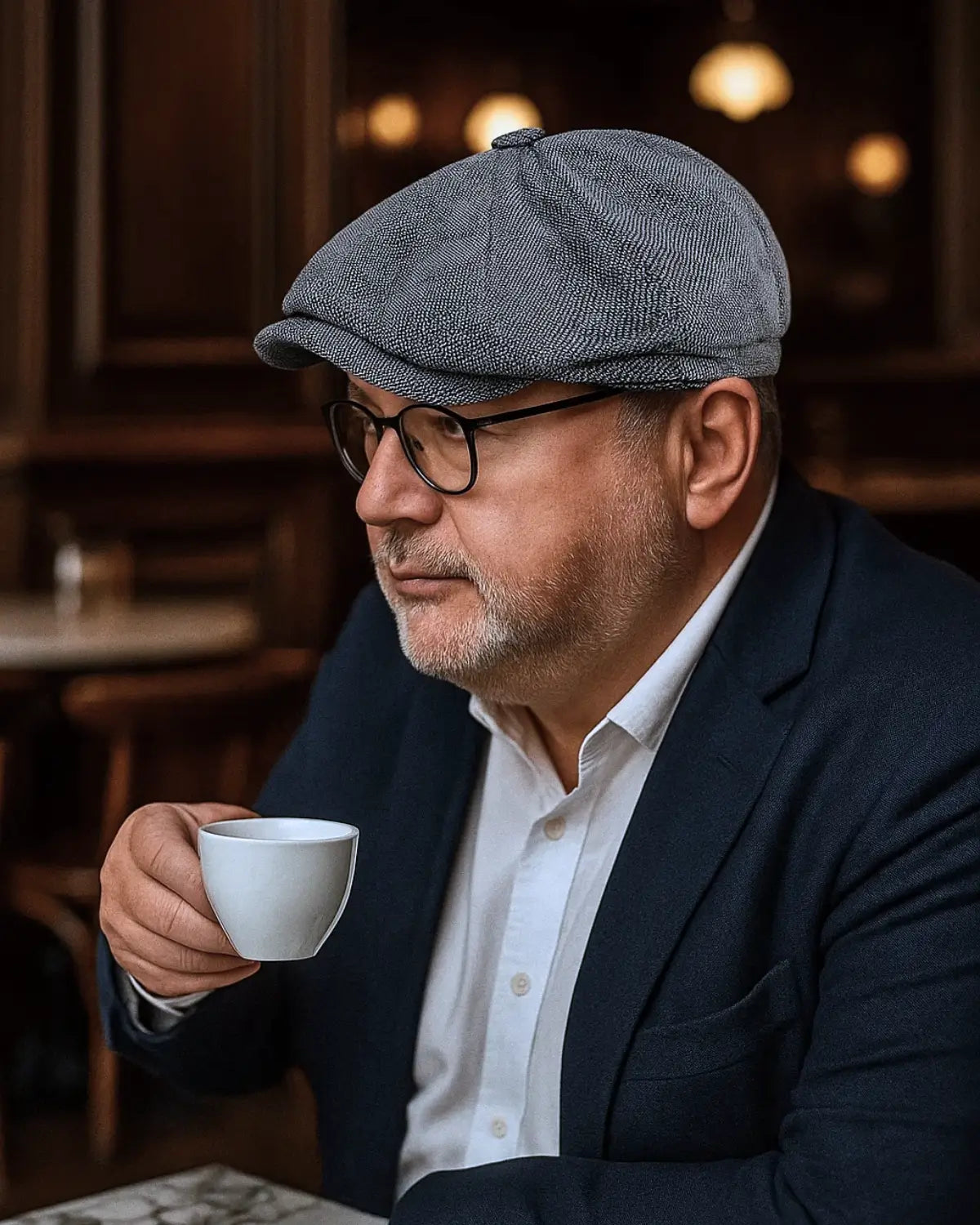 Homem maduro elegante tomando café usando Boina Masculina Italiana Linho Grey em café europeu clássico

