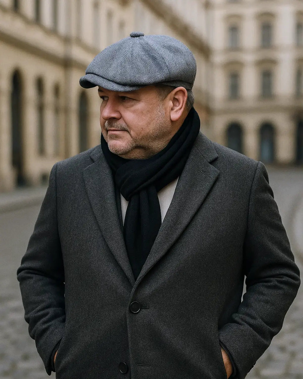 Homem maduro elegante usando Boina Masculina Italiana Linho Grey em rua de paralelepípedo