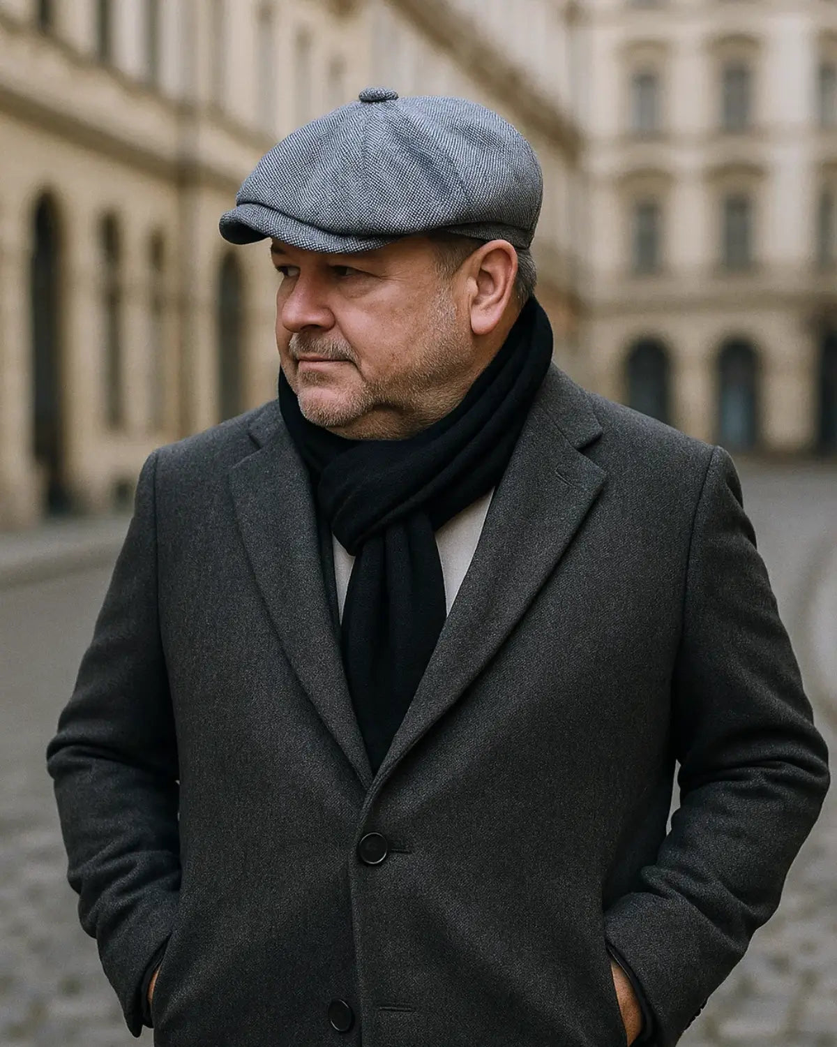 Homem maduro elegante usando Boina Masculina Italiana Linho Grey em rua de paralelepípedo