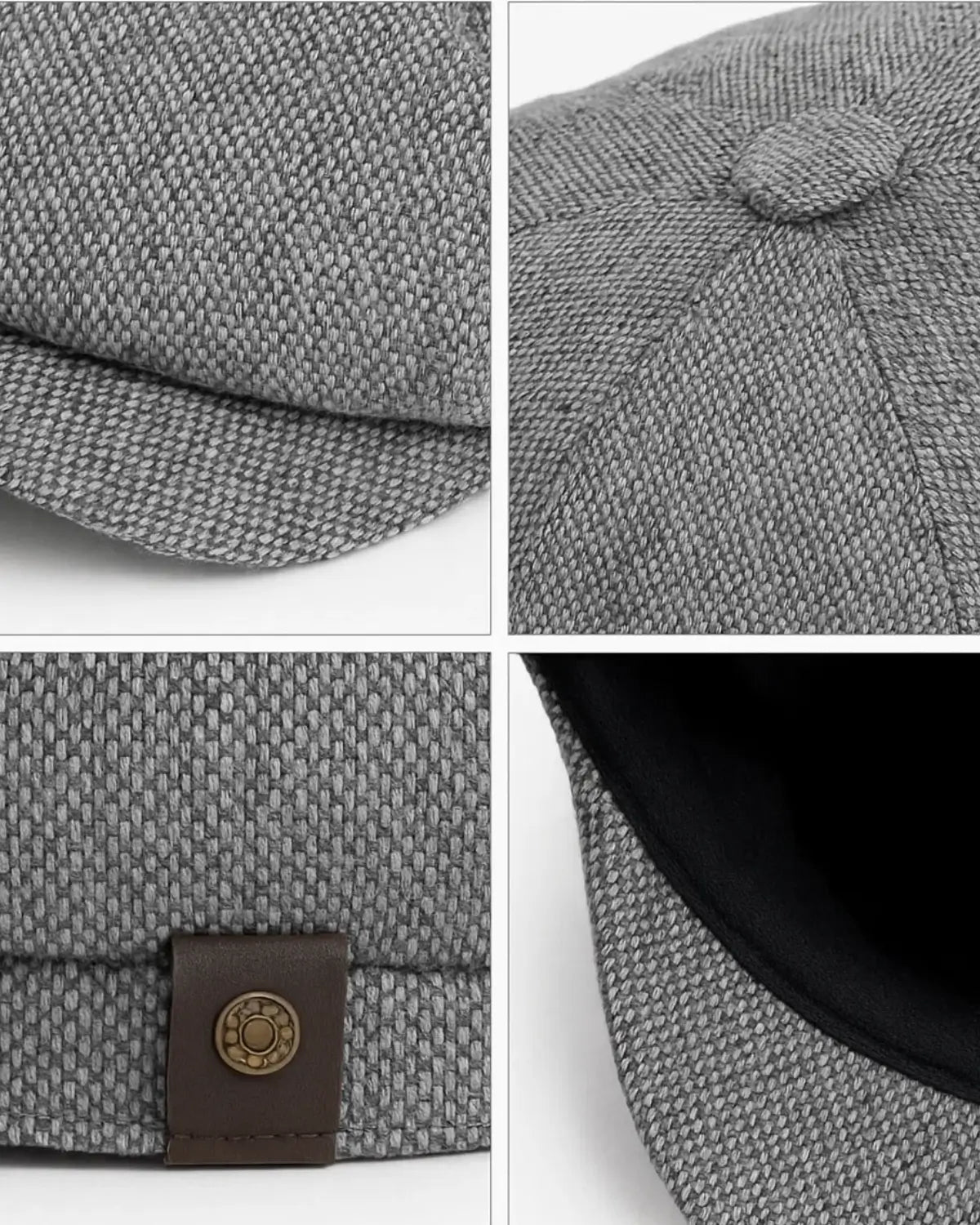 Detalhes da Boina Masculina Italiana Linho Grey com textura de linho e botão superior

