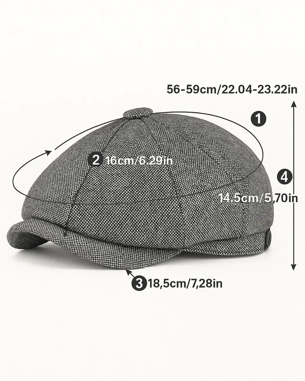 Boina Masculina Italiana Linho Grey com medidas e circunferência 56 a 59 cm

