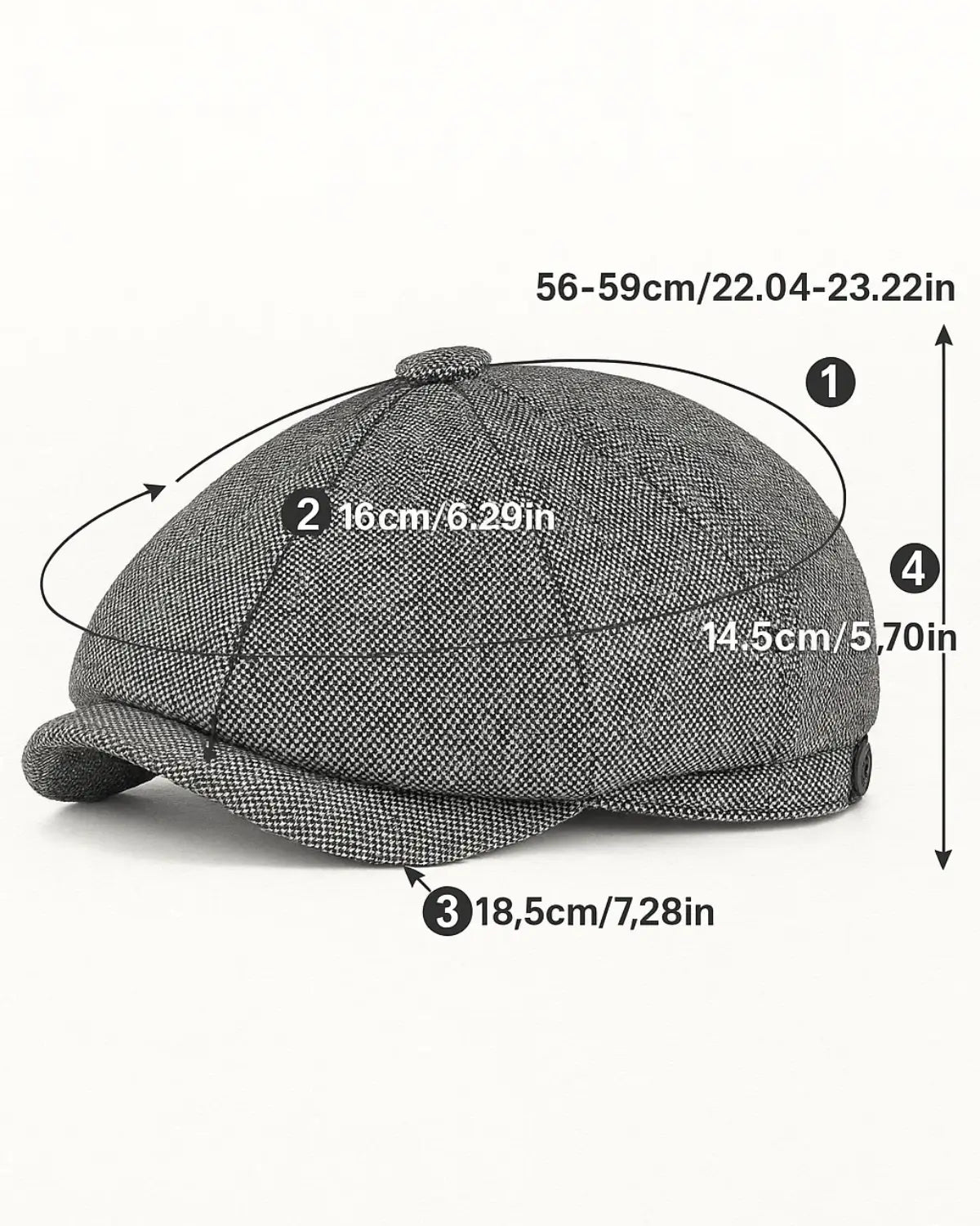 Boina Masculina Italiana Linho Grey com medidas e circunferência 56 a 59 cm

