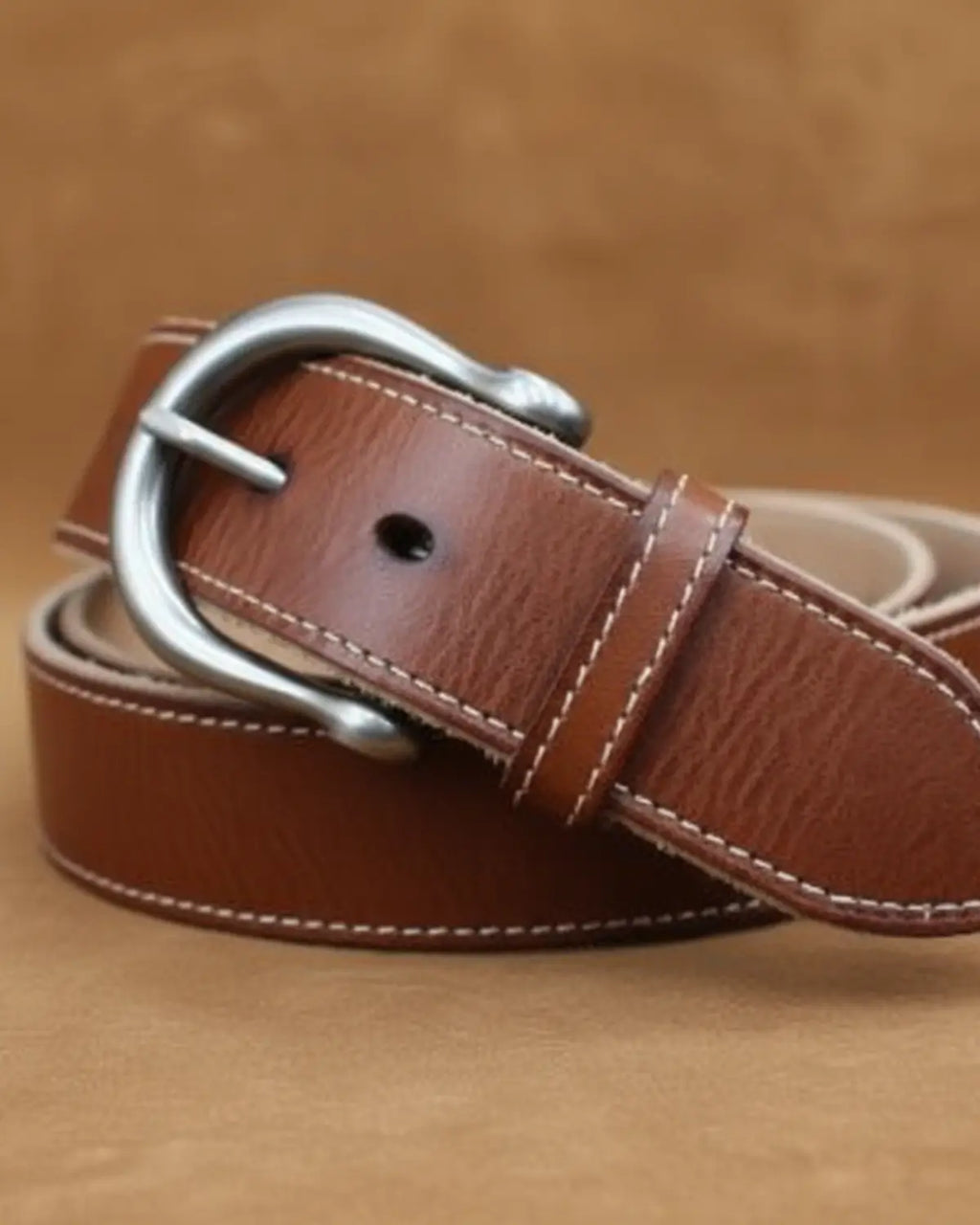 Cinto masculino marrom Brown Hamilton, detalhe frontal em cintura com camisa branca e calça de alfaiataria cinza, estilo premium