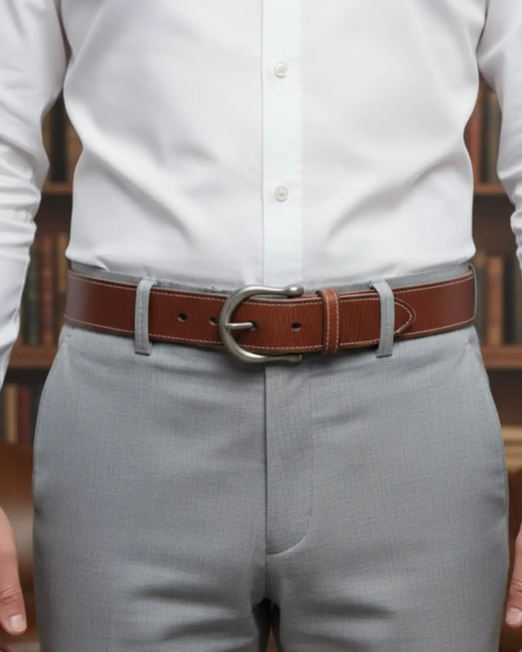 Cinto Brown Hamilton fechado, couro legítimo marrom, costura reforçada clara, fivela arredondada escovada, acabamento sofisticado