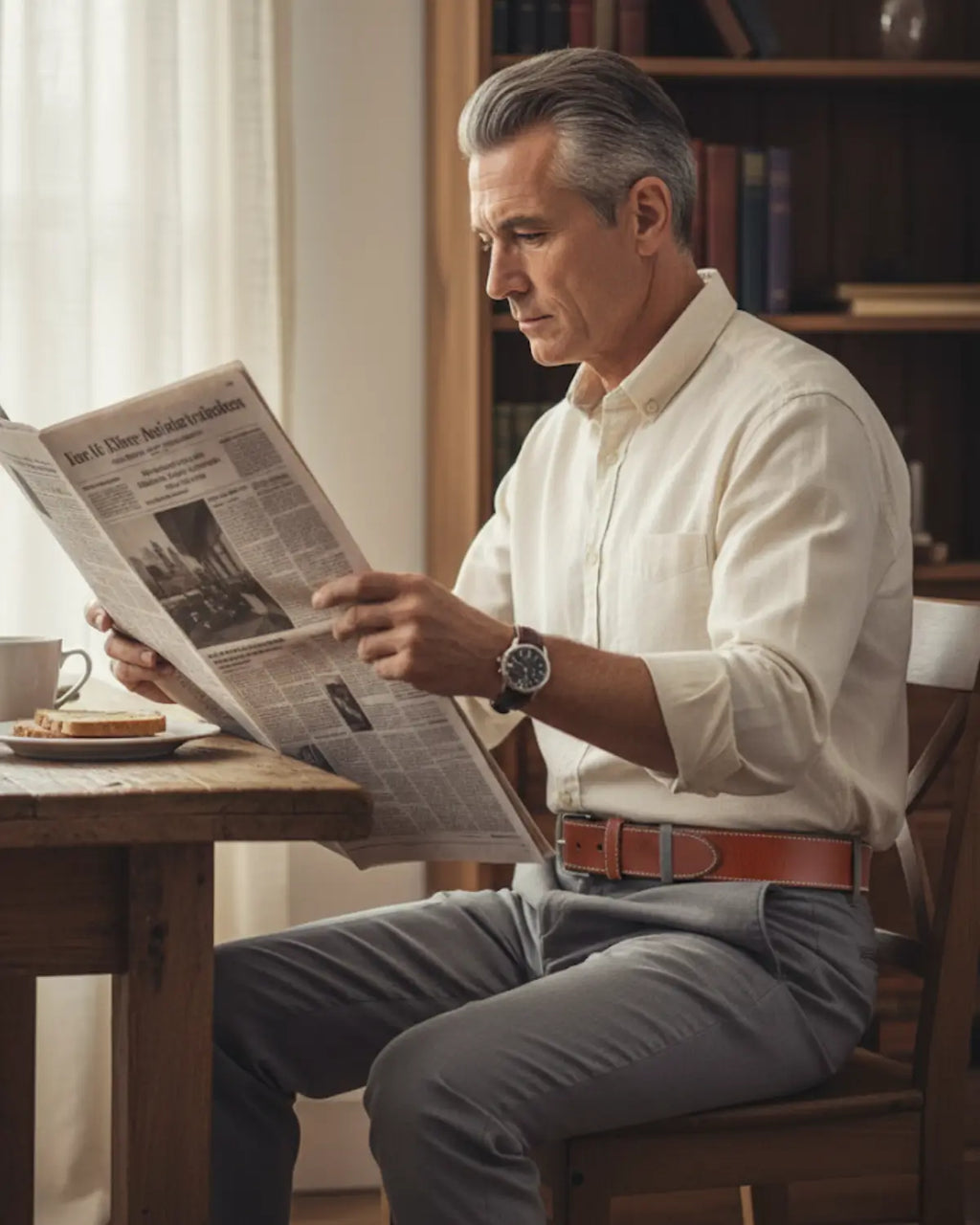 Homem lendo jornal camisa clara, cinto Brown Hamilton couro legítimo marrom em destaque, estilo clássico e sofisticado