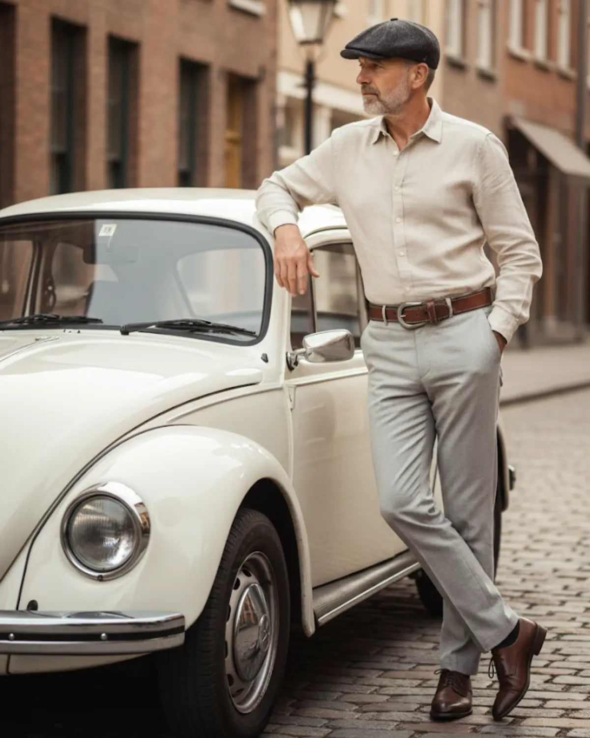 Homem elegante em pé ao lado de fusca branco, camisa social clara, cinto masculino Brown Hamilton em couro marrom, visual nostálgico