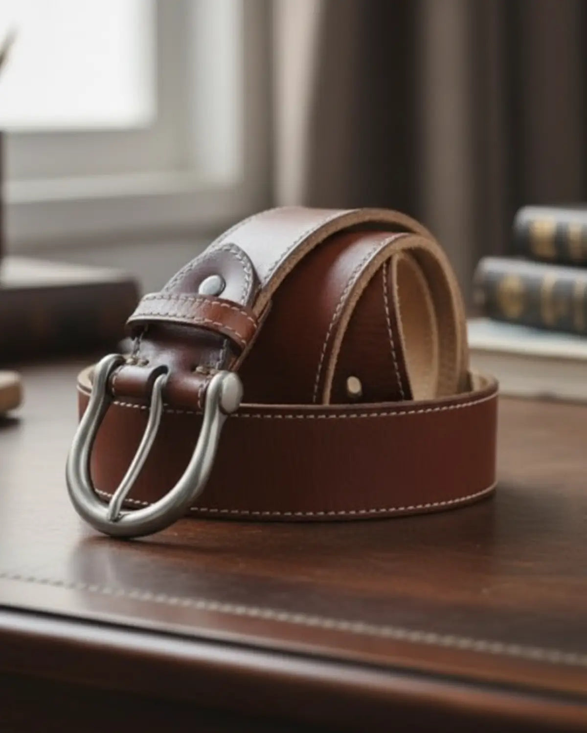 Cinto Brown Hamilton couro legítimo marrom enrolado sobre mesa de madeira, costura clara e fivela arredondada de metal escovado
