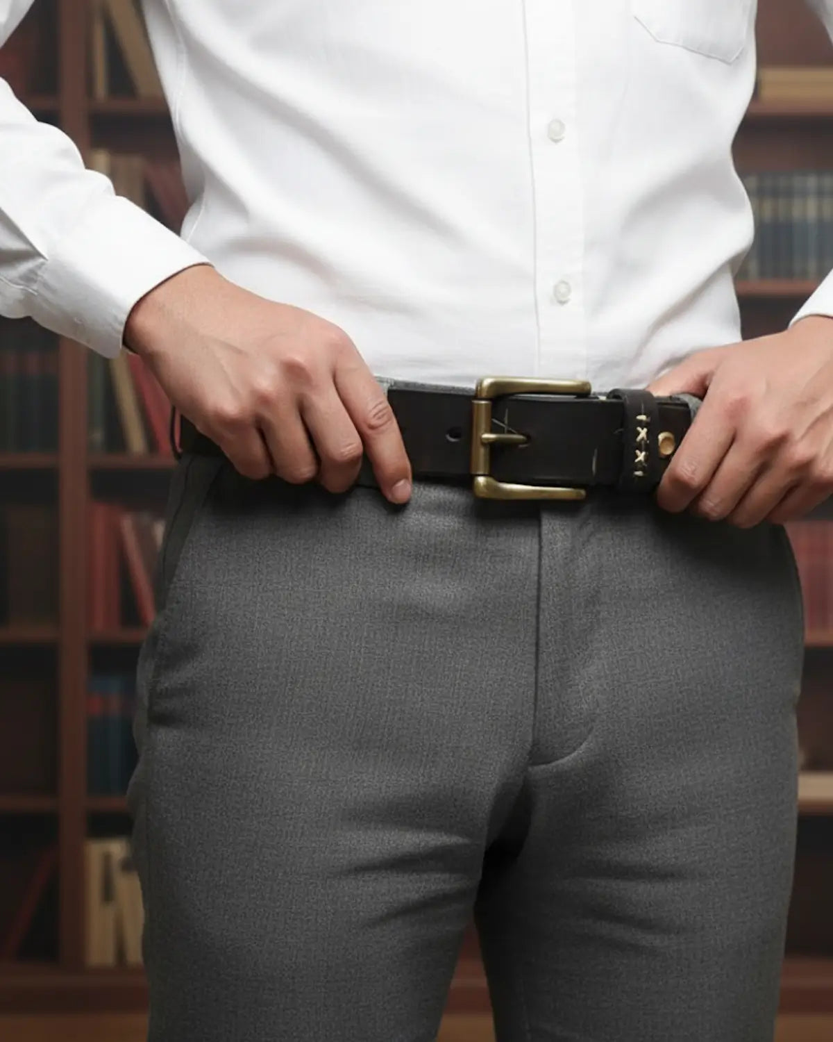 Homem ajustando cinto masculino preto Mercer Black, camisa social branca, alfaiataria cinza, ambiente biblioteca clássica