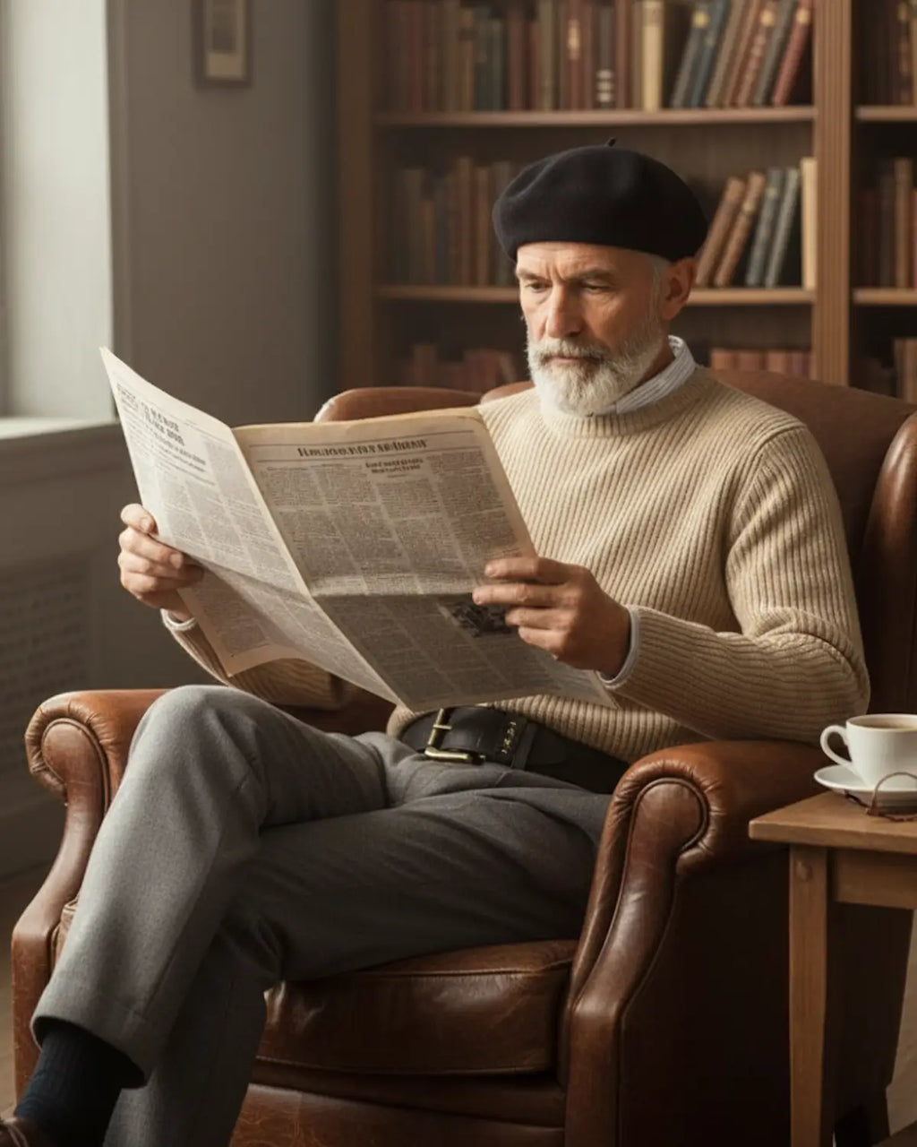 Senhor lendo jornal boina preta, suéter bege, cinto masculino couro legítimo Mercer Black, living clássico, poltrona e livros