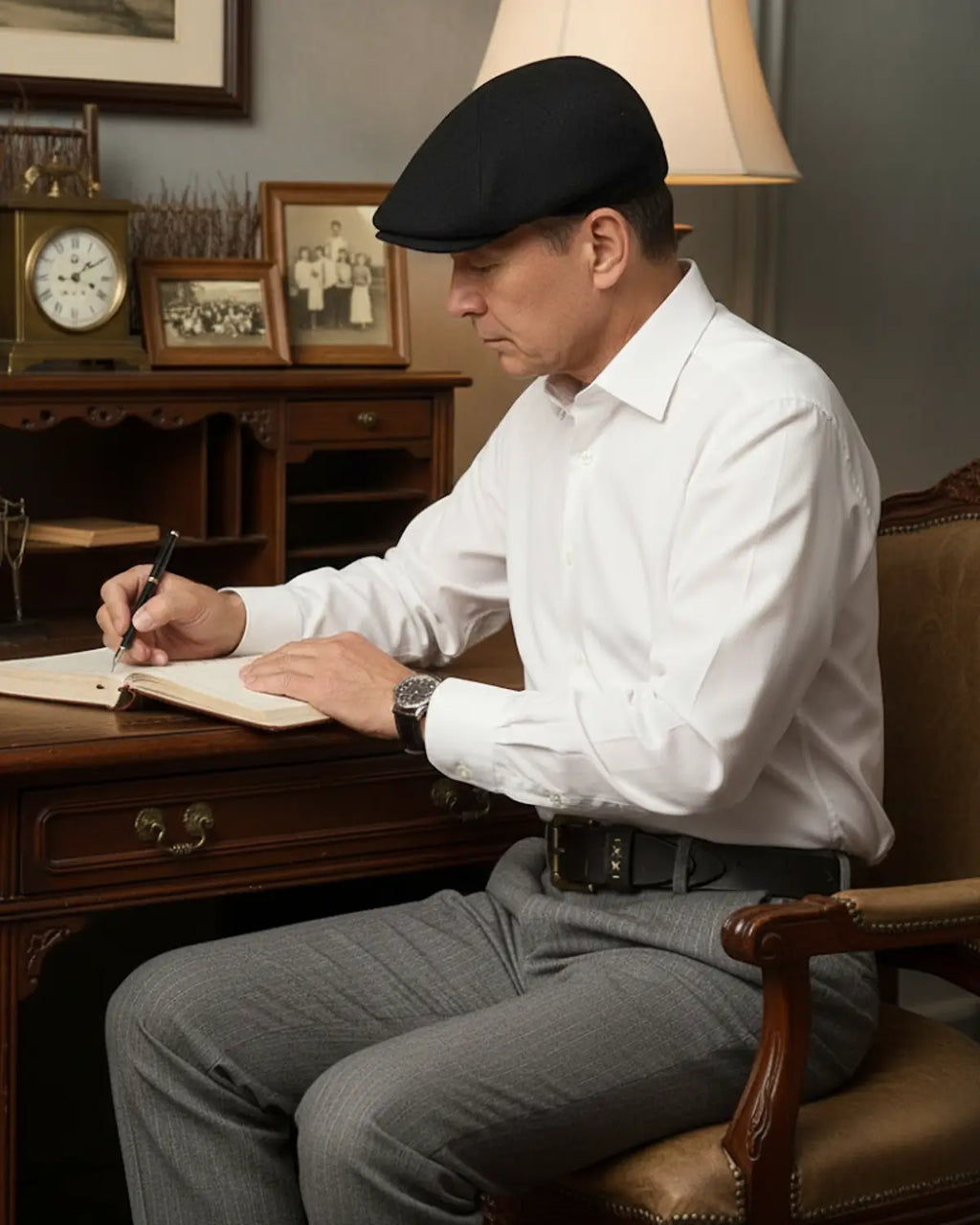 Homem elegante escrevendo em diário, boina inglesa preta, camisa social branca, cinto masculino Mercer Black, ambiente nostálgico