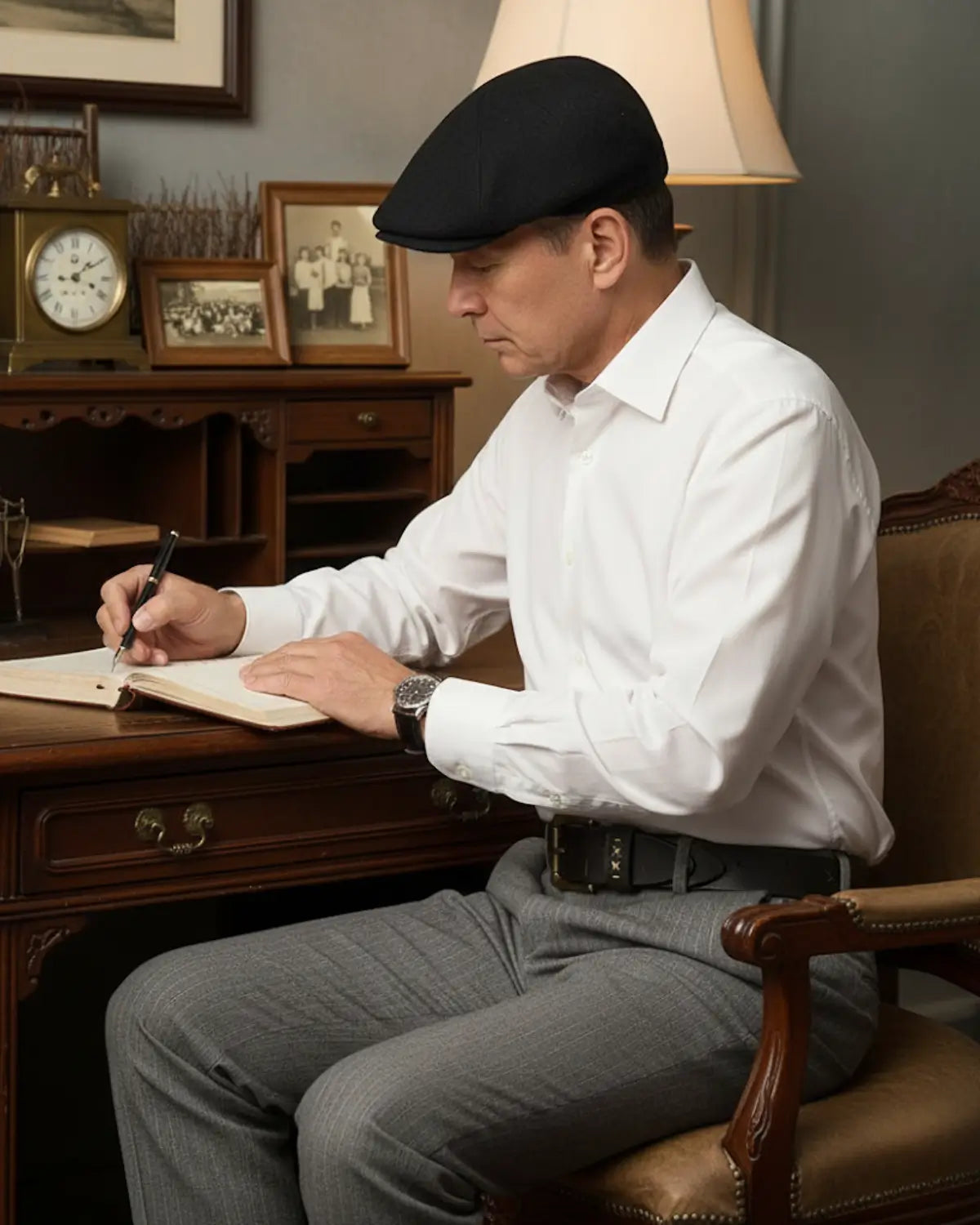 Homem elegante escrevendo em diário, boina inglesa preta, camisa social branca, cinto masculino Mercer Black, ambiente nostálgico