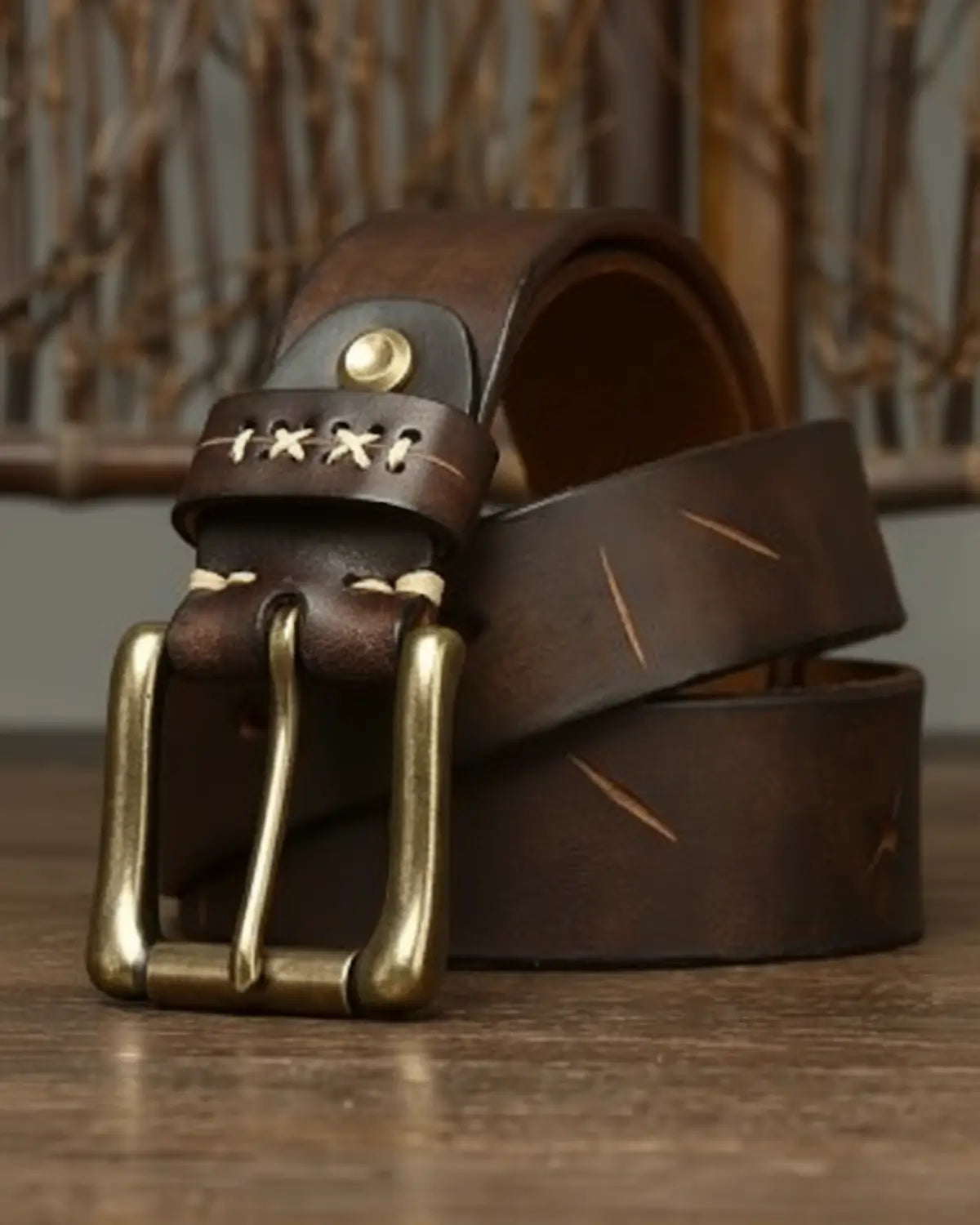 Cinto Mercer Brown couro legítimo masculino enrolado fivela latão visual tradicional elegante