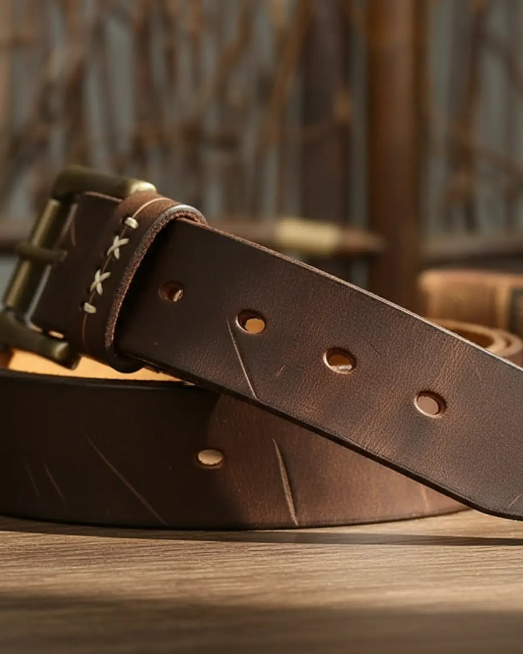 Detalhe perfurações e costura cinto de couro legítimo Mercer Brown acabamento refinado masculino