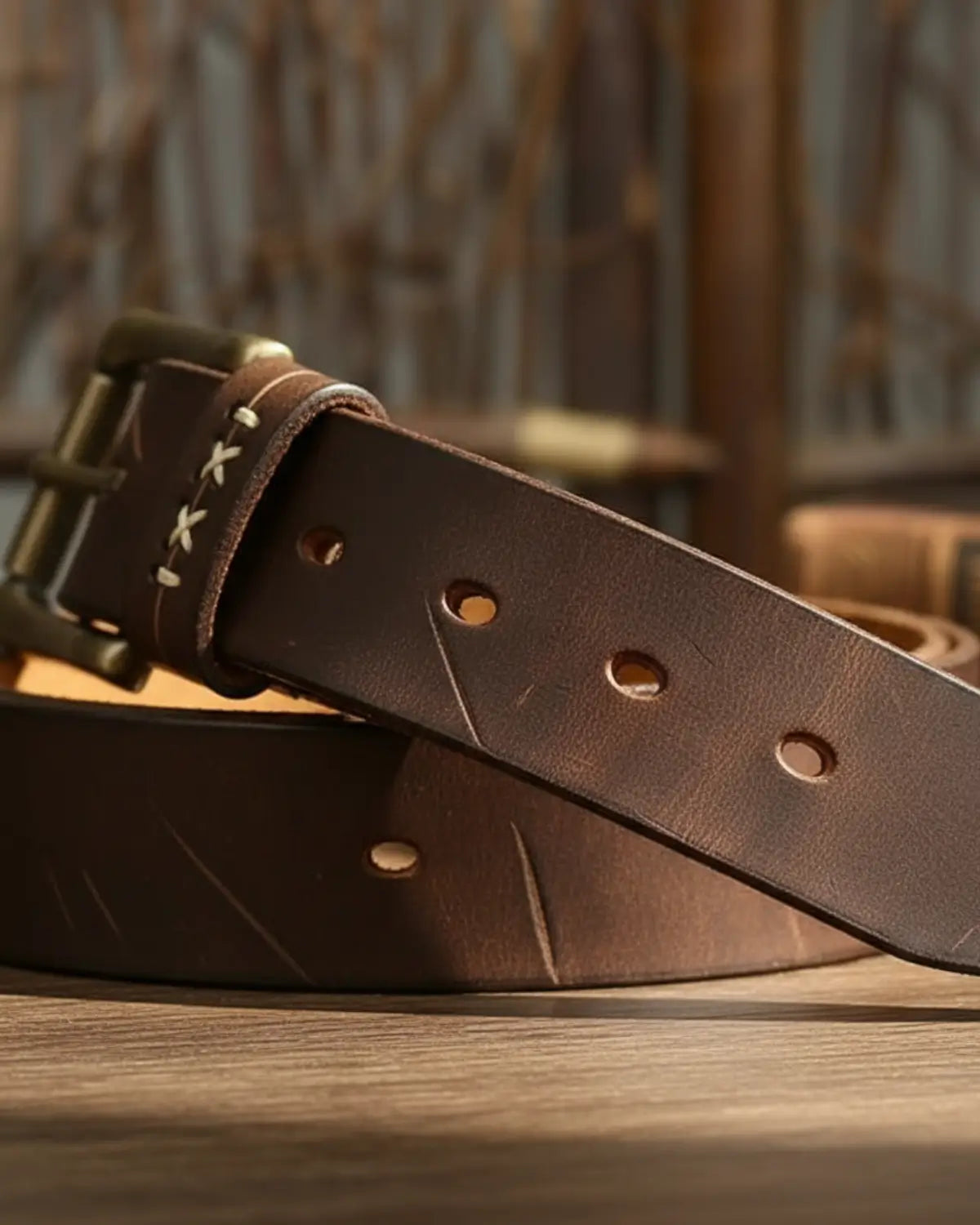 Detalhe perfurações e costura cinto de couro legítimo Mercer Brown acabamento refinado masculino