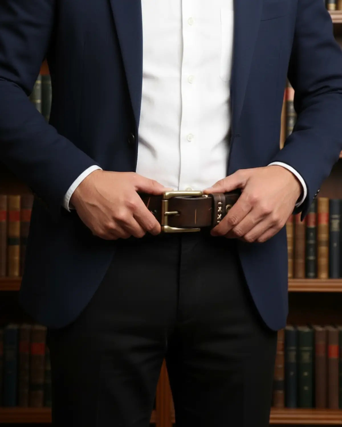 Homem elegante cinto masculino couro legítimo Mercer Brown com blazer azul ambiente tradicional