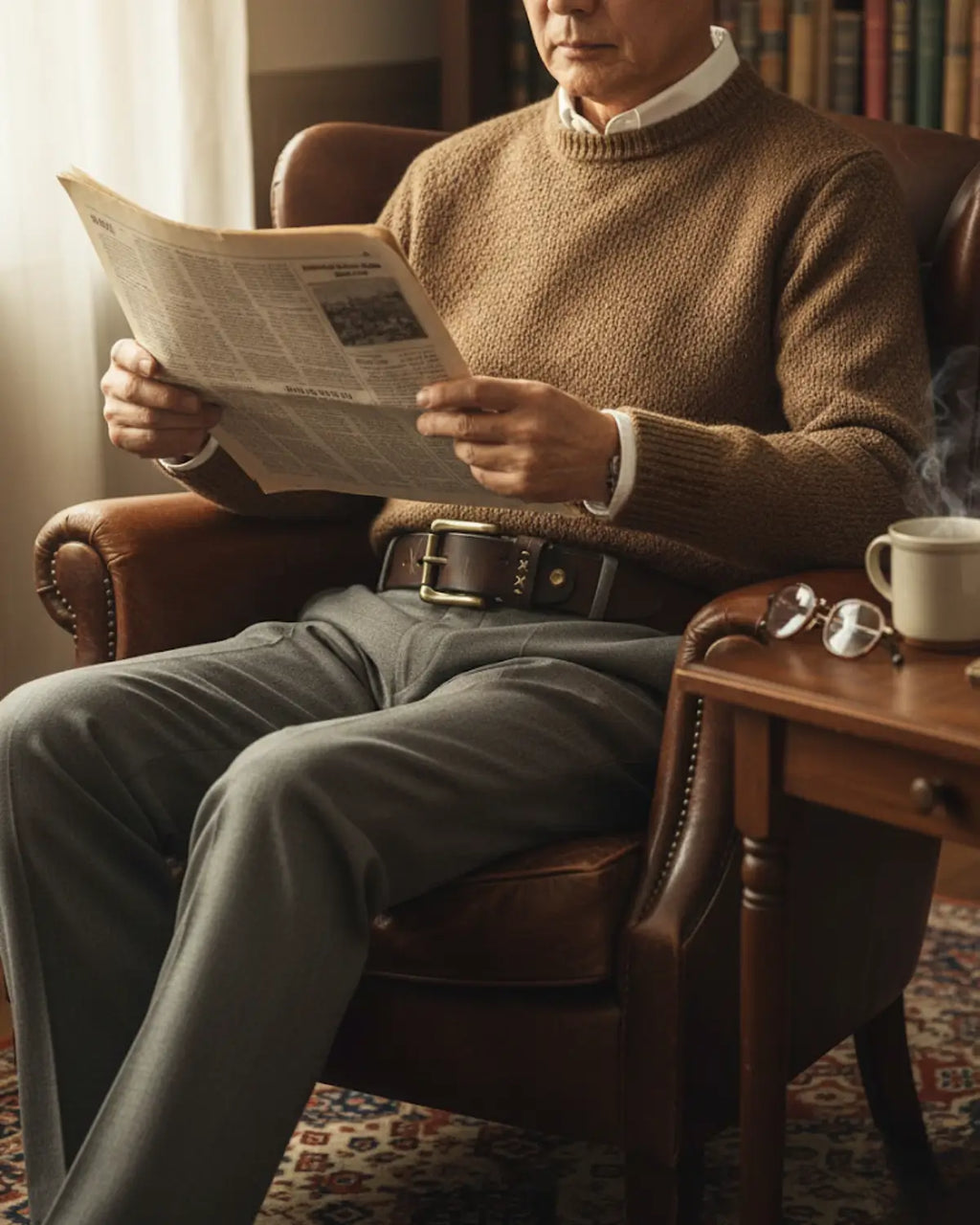 Homem maduro vestindo cinto masculino de couro legítimo Mercer Brown lifestyle clássico e sofisticado