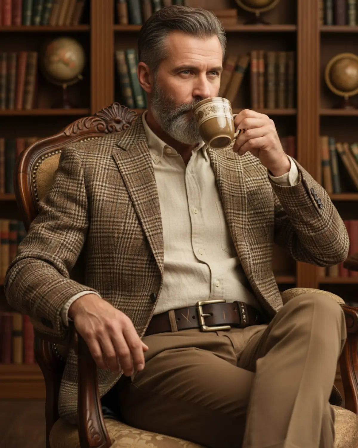 Homem sofisticado cinto couro legítimo Mercer Brown terno marrom ambiente biblioteca clássica