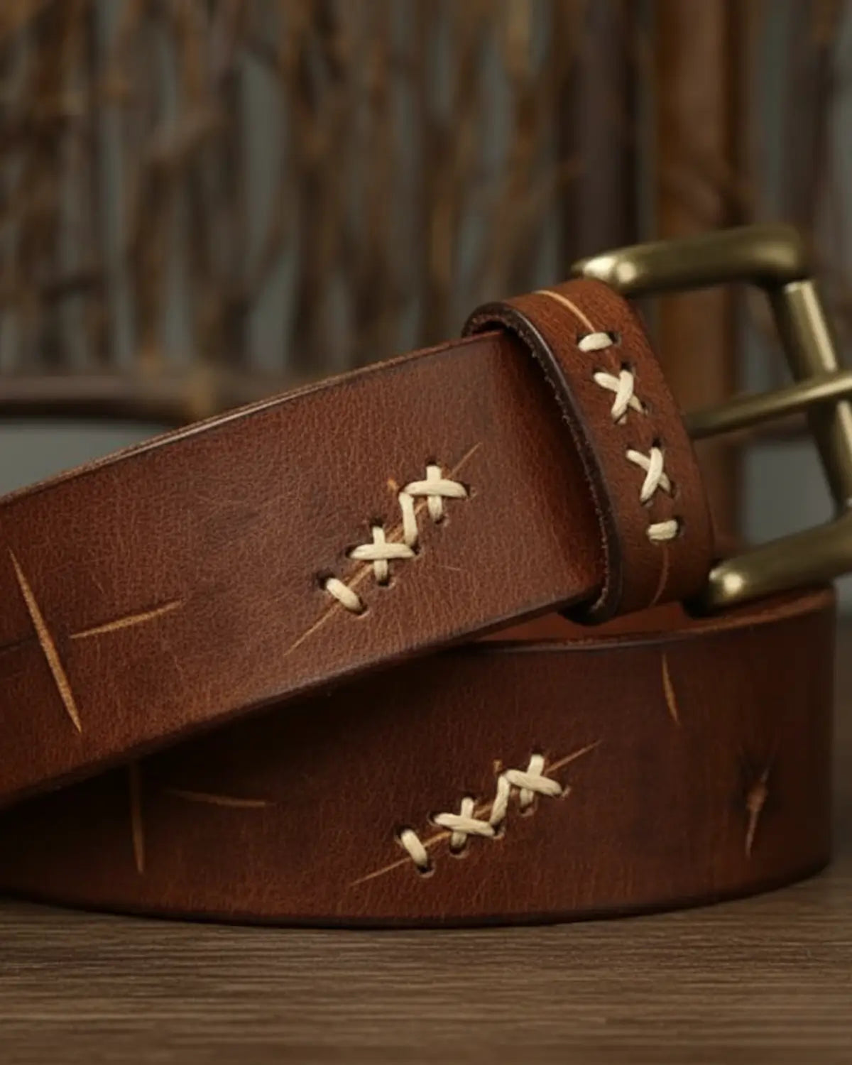 Close do cinto masculino couro legítimo Mercer Khaki, detalhe costuras cruzadas, acabamento clássico em ambiente tradicional