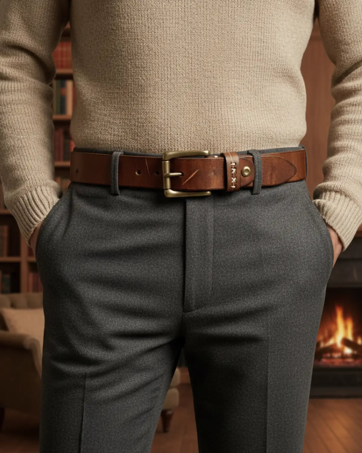 Cinto masculino couro legítimo Mercer Khaki com suéter bege, estilo clássico, ambiente aconchegante, biblioteca e lareira ao fundo