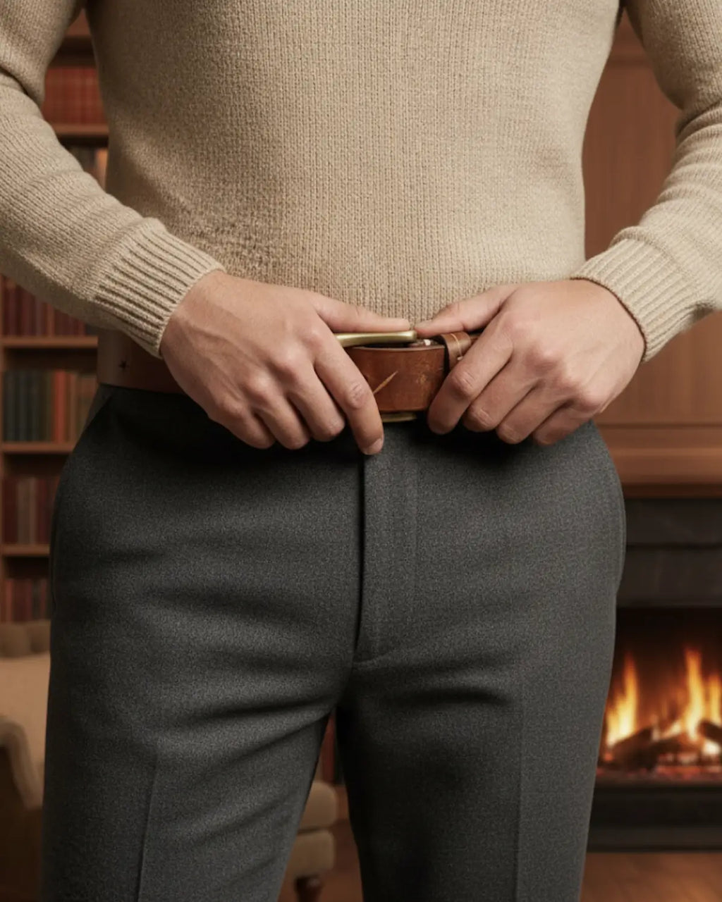 Homem ajustando cinto masculino Mercer Khaki, couro legítimo, mãos na fivela, ambiente com lareira e livros clássicos