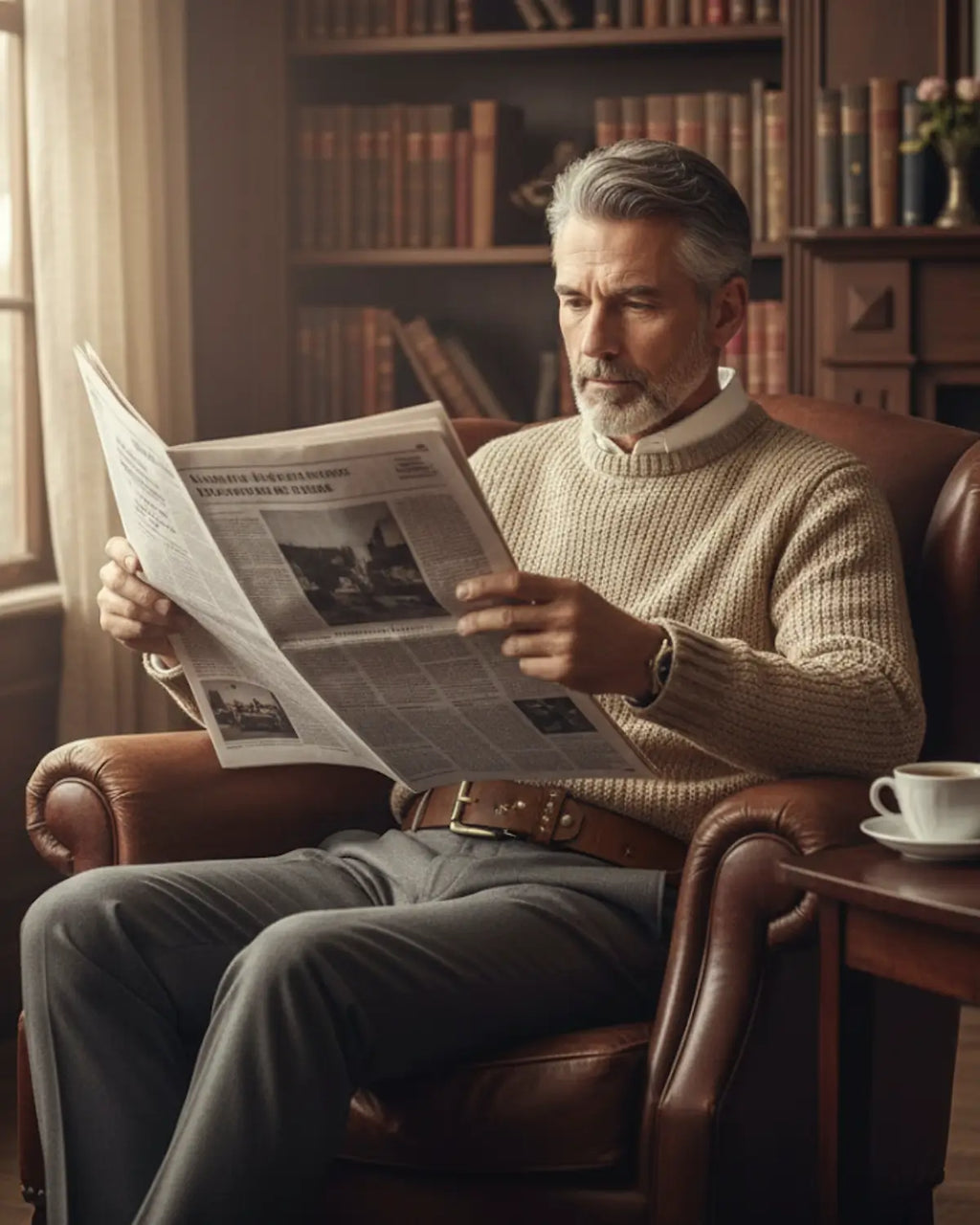 Homem maduro lendo jornal, cinto masculino Mercer Khaki couro legítimo, poltrona de couro, ambiente nostálgico com estante de livros