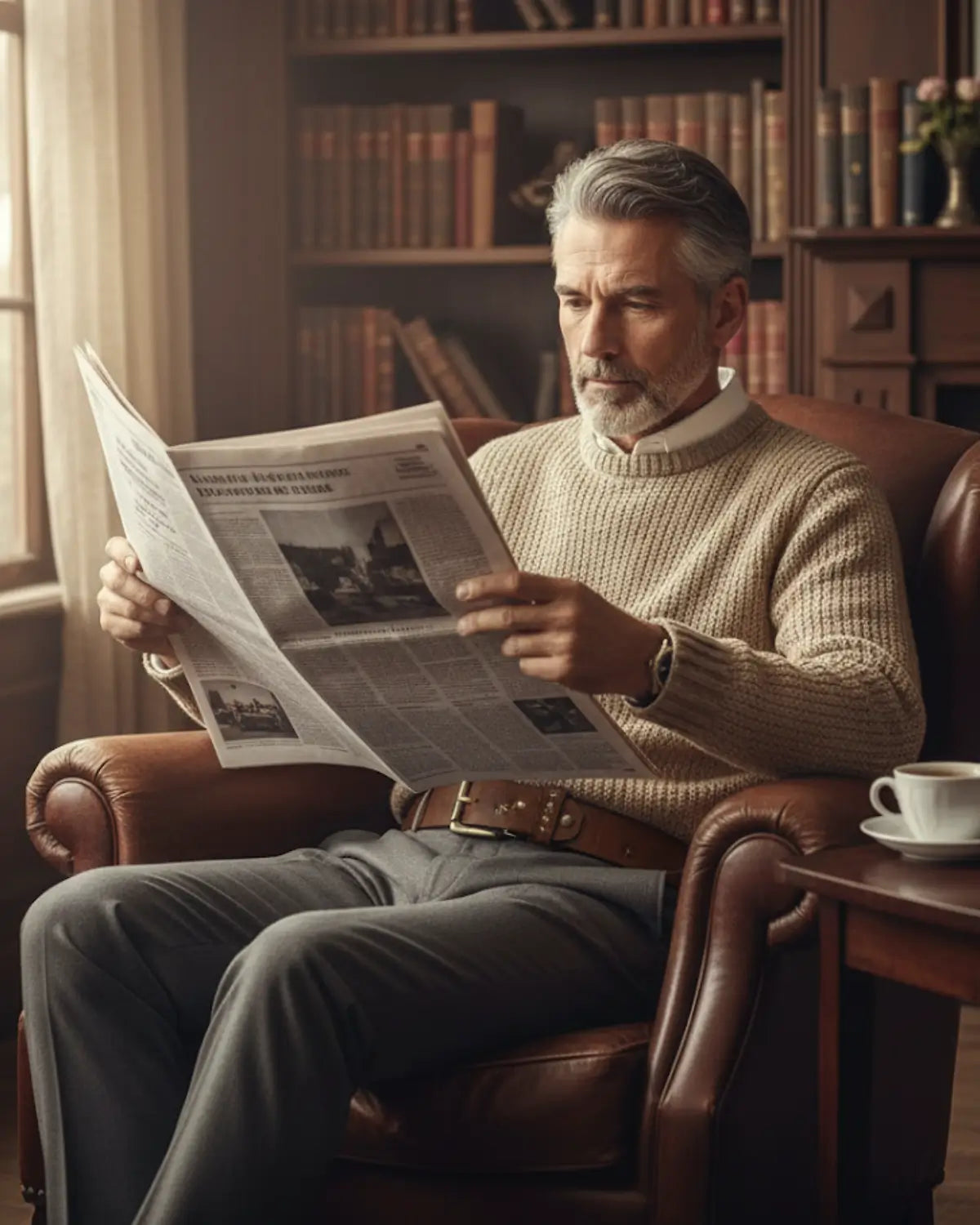 Homem maduro lendo jornal, cinto masculino Mercer Khaki couro legítimo, poltrona de couro, ambiente nostálgico com estante de livros