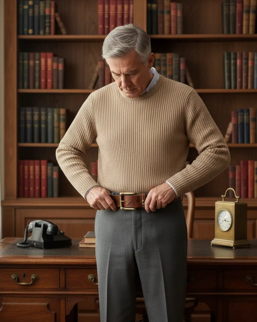 Homem ajustando cinto masculino Mercer Khaki, couro legítimo, estilo tradicional, biblioteca clássica ao fundo"