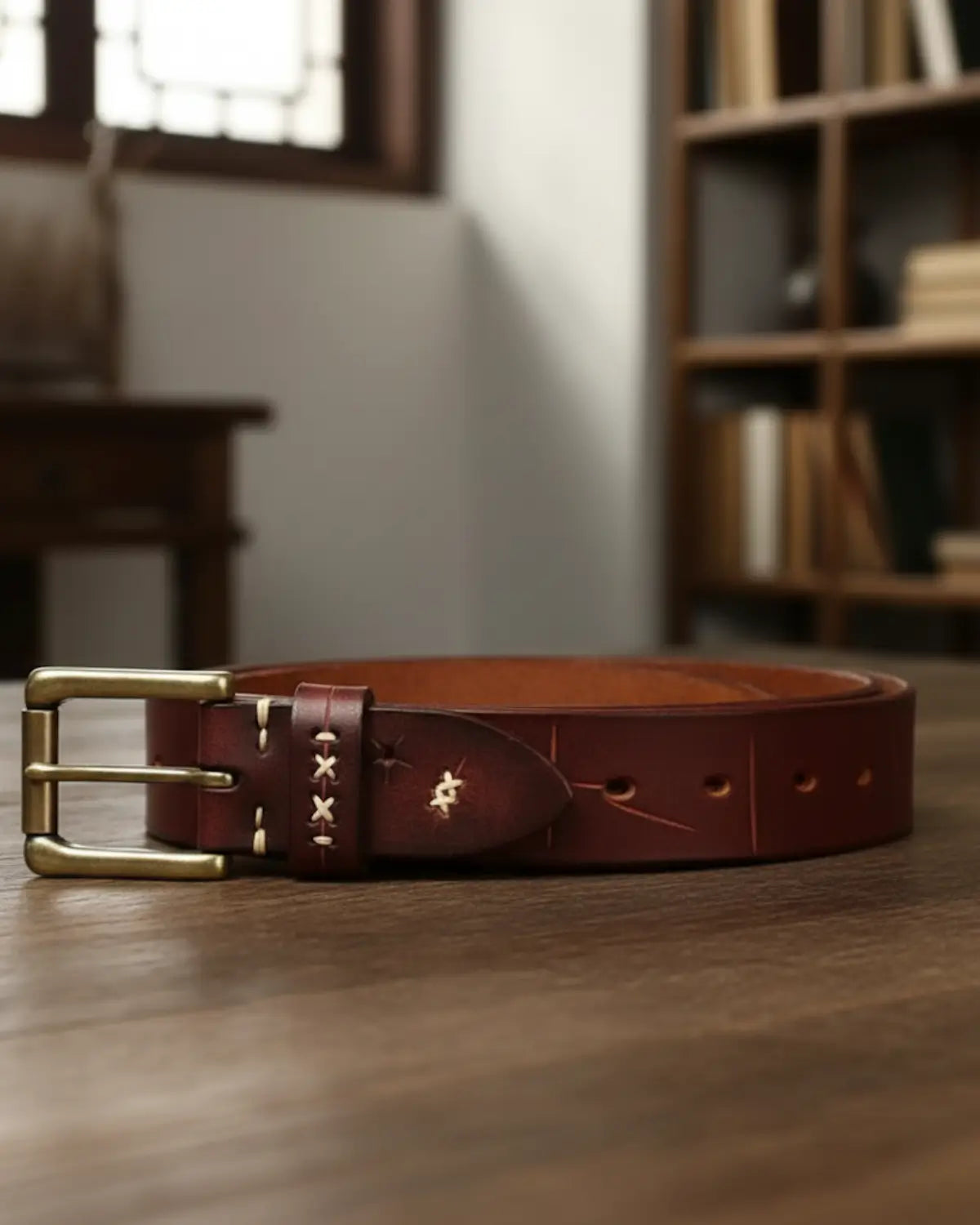 cinto masculino Mercer Reddish couro legítimo totalmente aberto sobre mesa, luz natural, ambiente sóbrio coleção clássica