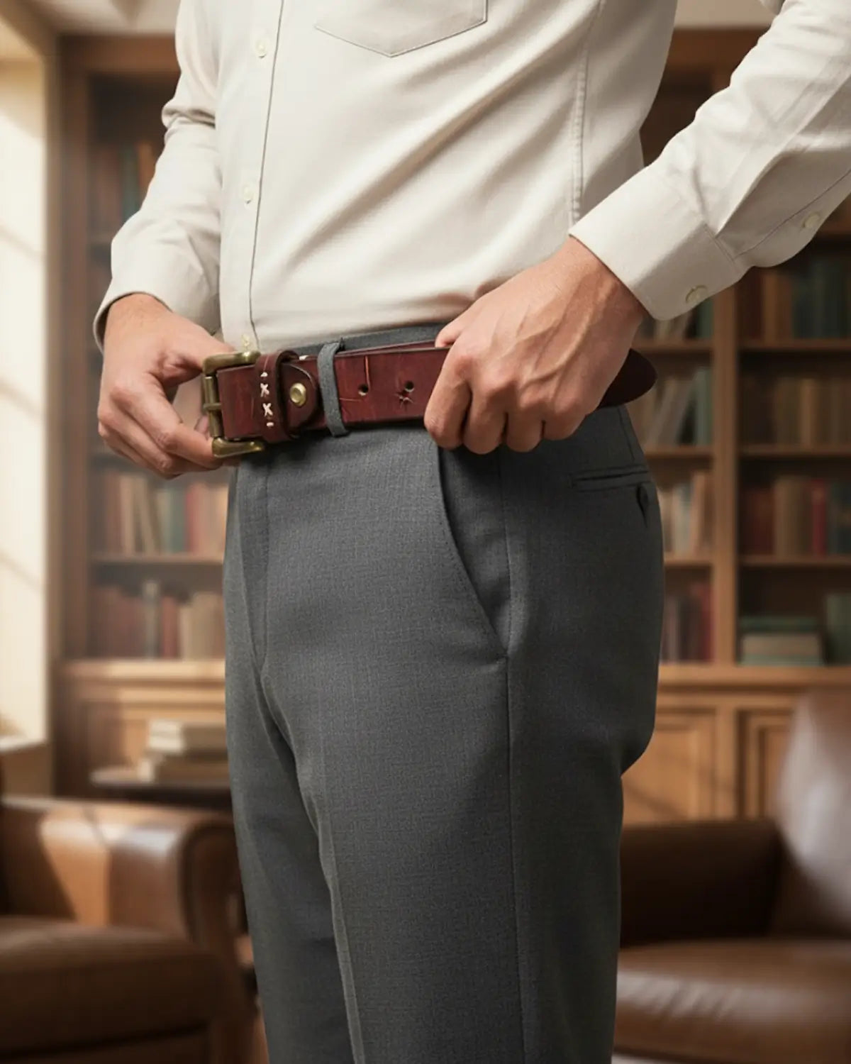 cinto masculino couro legítimo vermelho Mercer Reddish ajustando na cintura camisa social ambiente clássico biblioteca