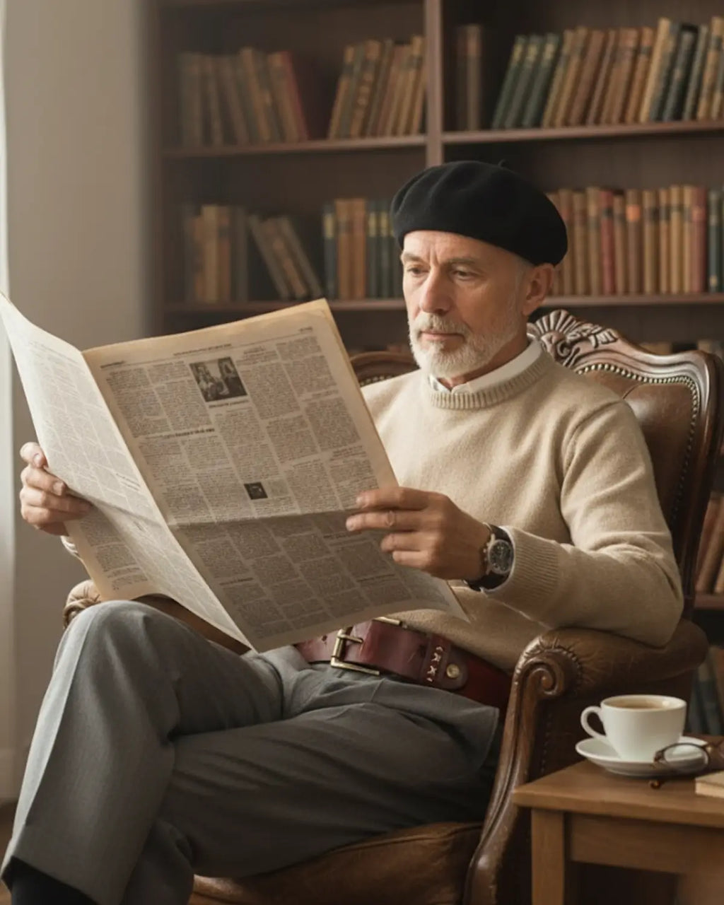 homem maduro lendo jornal, boina preta, sweater bege, cinto couro legítimo Mercer Reddish, relógio pulseira couro, poltrona clássica