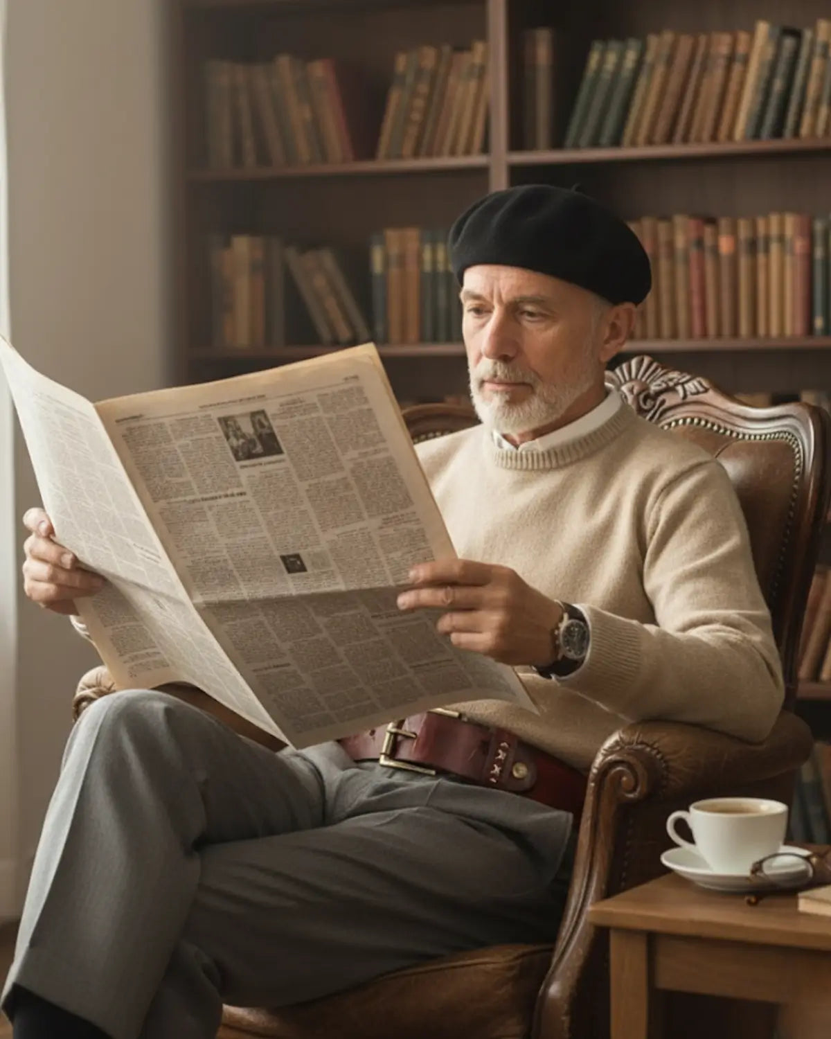 homem maduro lendo jornal, boina preta, sweater bege, cinto couro legítimo Mercer Reddish, relógio pulseira couro, poltrona clássica