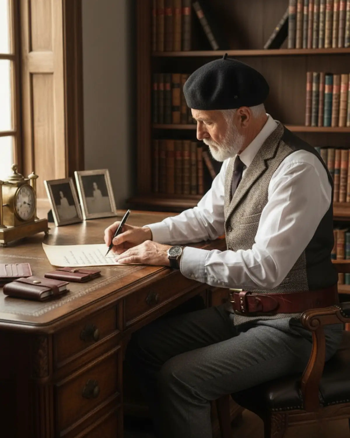 homem maduro com boina escrevendo na escrivaninha clássica, cinto masculino vermelho Mercer Reddish, relógio pulseira couro e acessórios