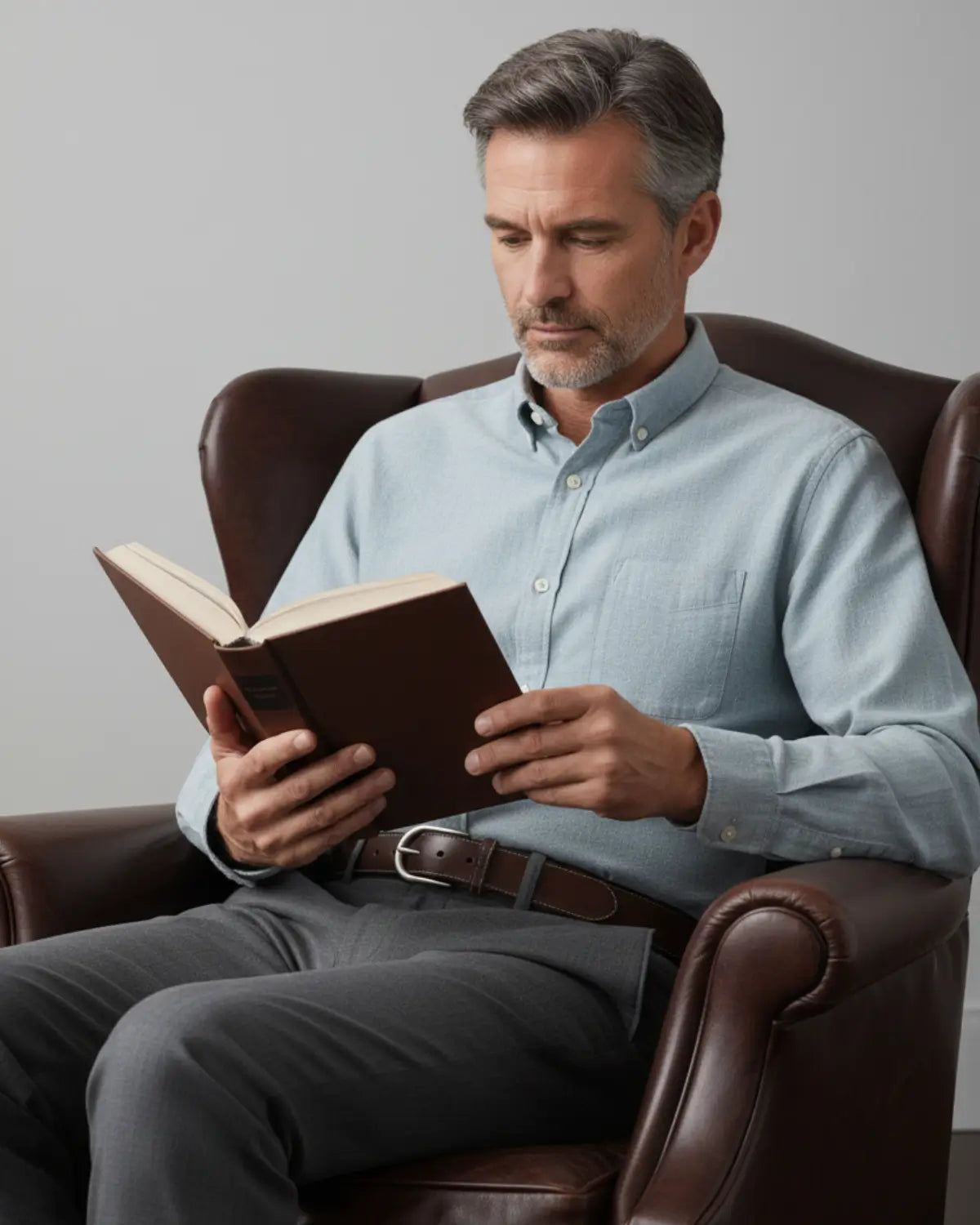 Homem lendo em poltrona de couro usando o cinto Coffee Hamilton marrom