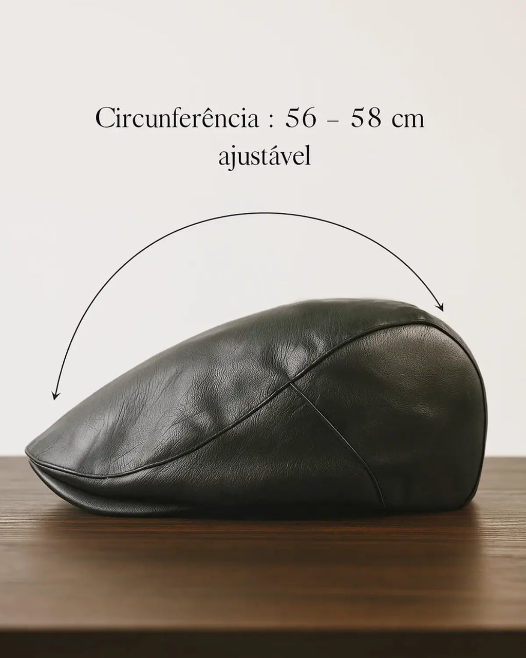 Boina masculina de couro preta com indicação da circunferência ajustável de 56 a 58 cm