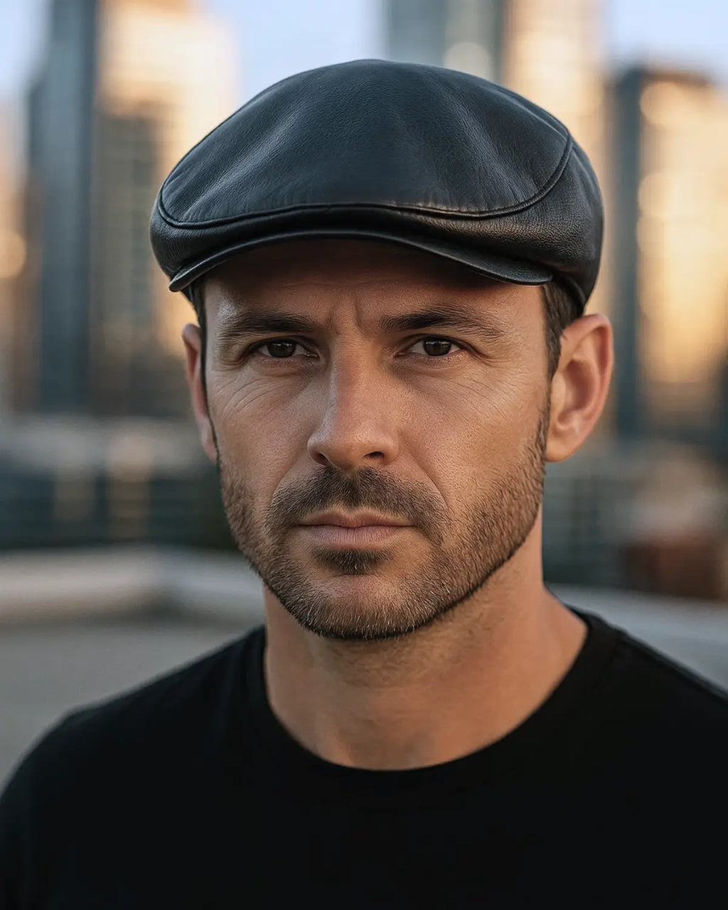 Close-up de homem com boina de couro preta em ambiente urbano sofisticado