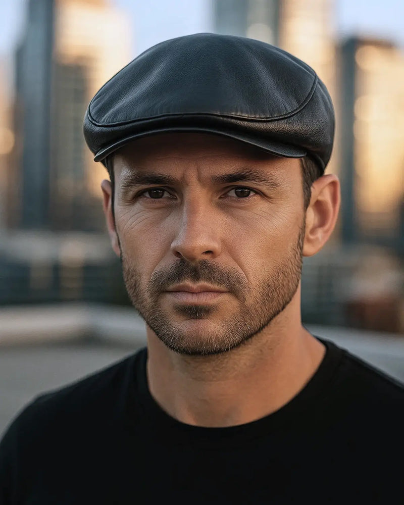 Close-up de homem com boina de couro preta em ambiente urbano sofisticado